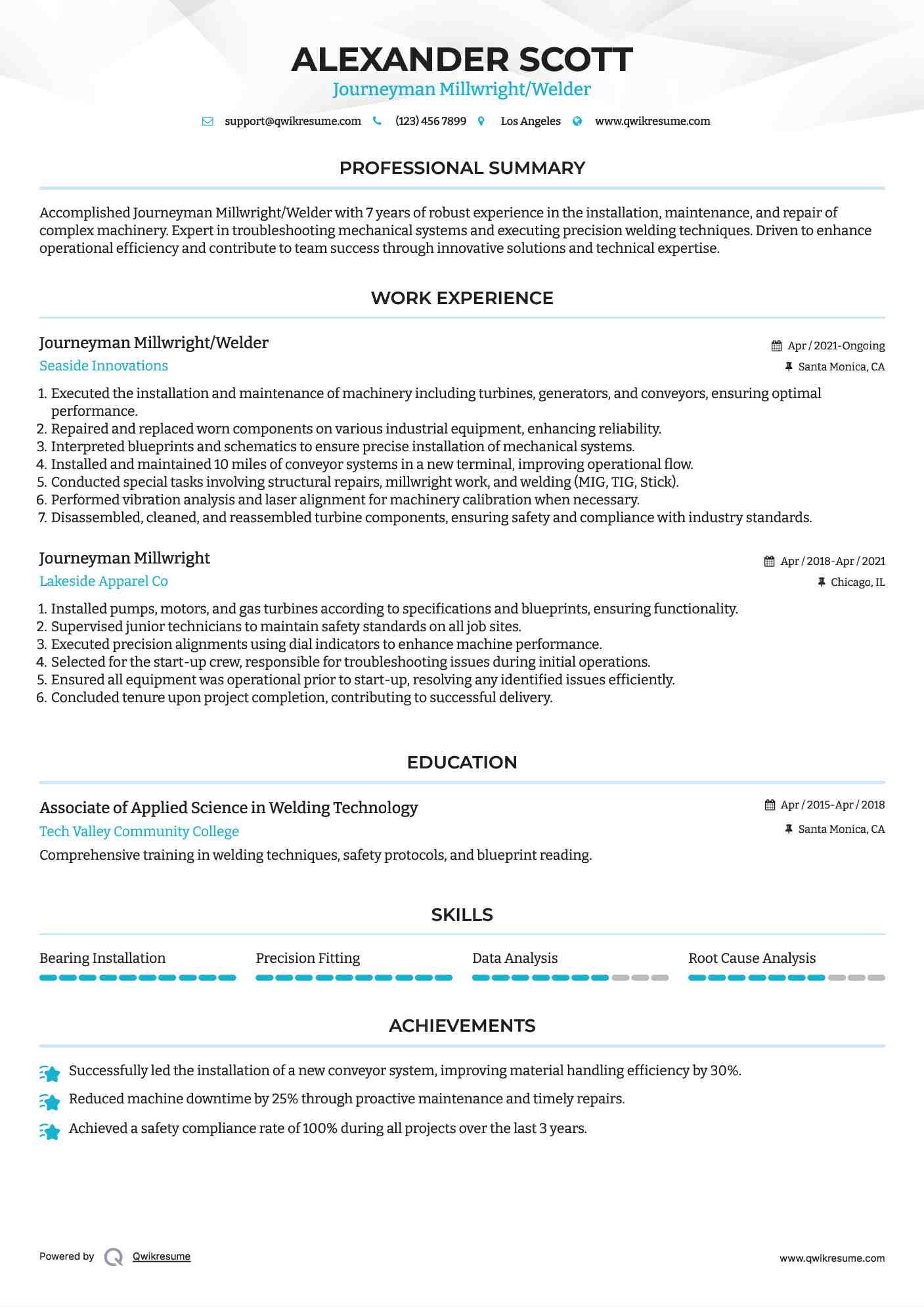 Journeyman Millwright/Welder
 Resume Sample
