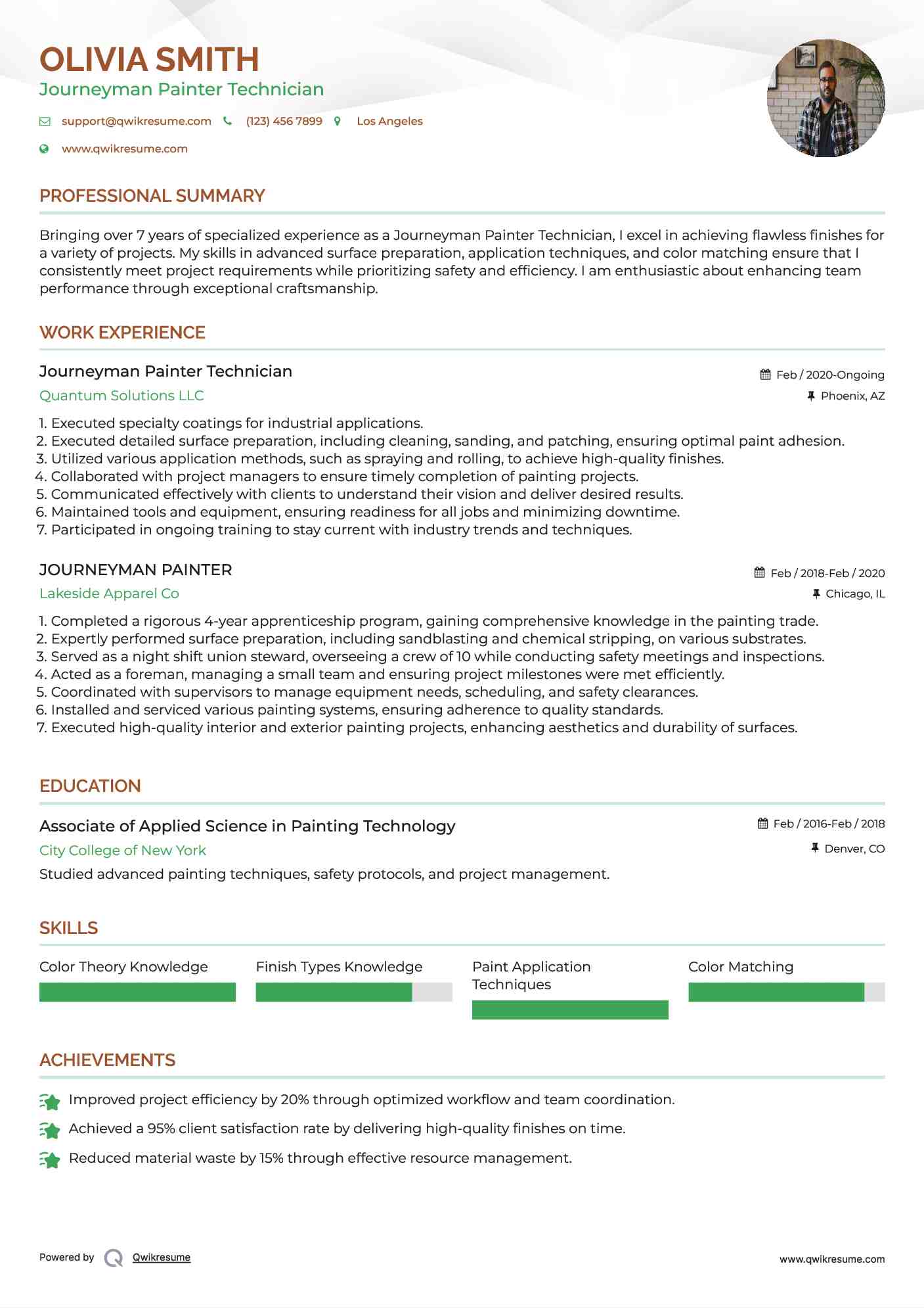Journeyman Painter Technician Resume Example