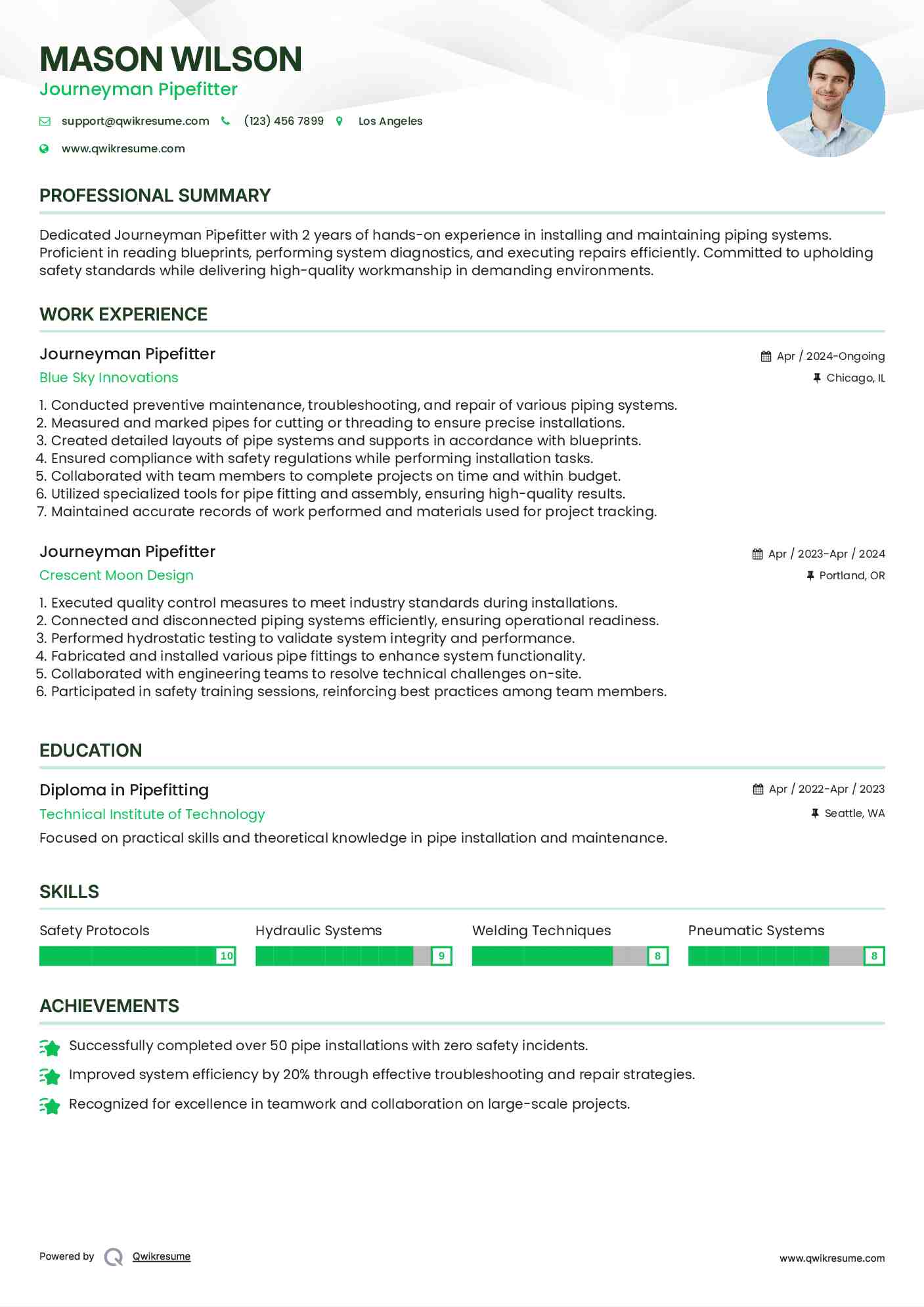 Journeyman Pipefitter Resume Model