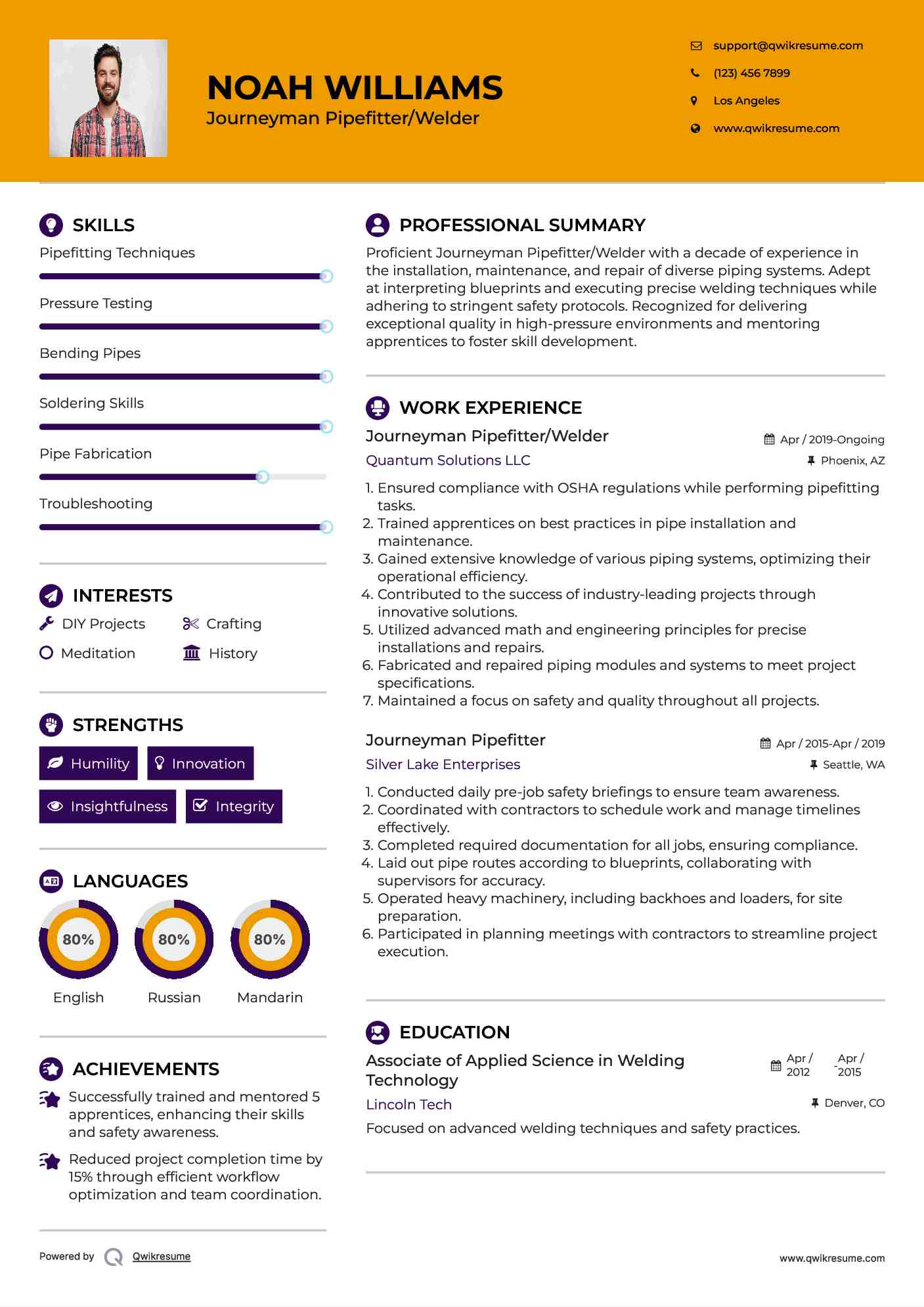 Journeyman Pipefitter/Welder
 Resume Template