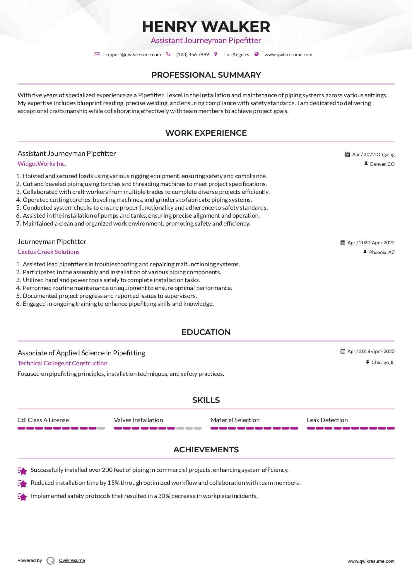 Assistant Journeyman Pipefitter  Resume Format