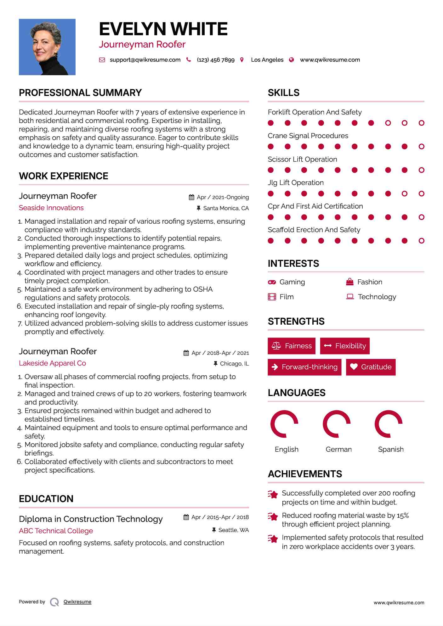 Journeyman Roofer Resume Template