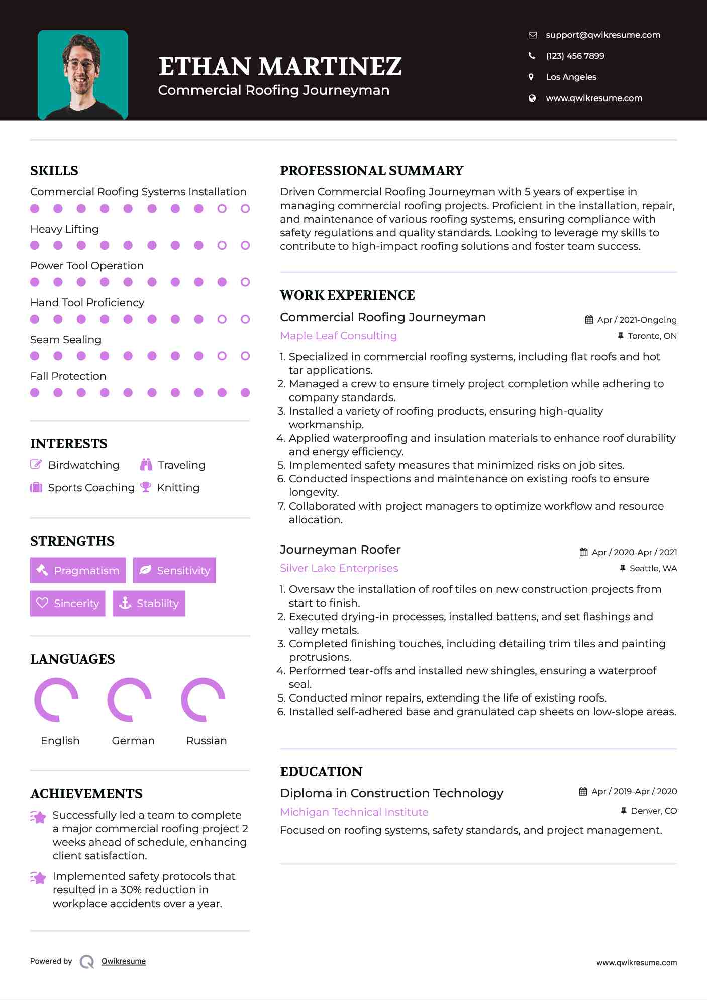 Commercial Roofing Journeyman
 Resume Sample
