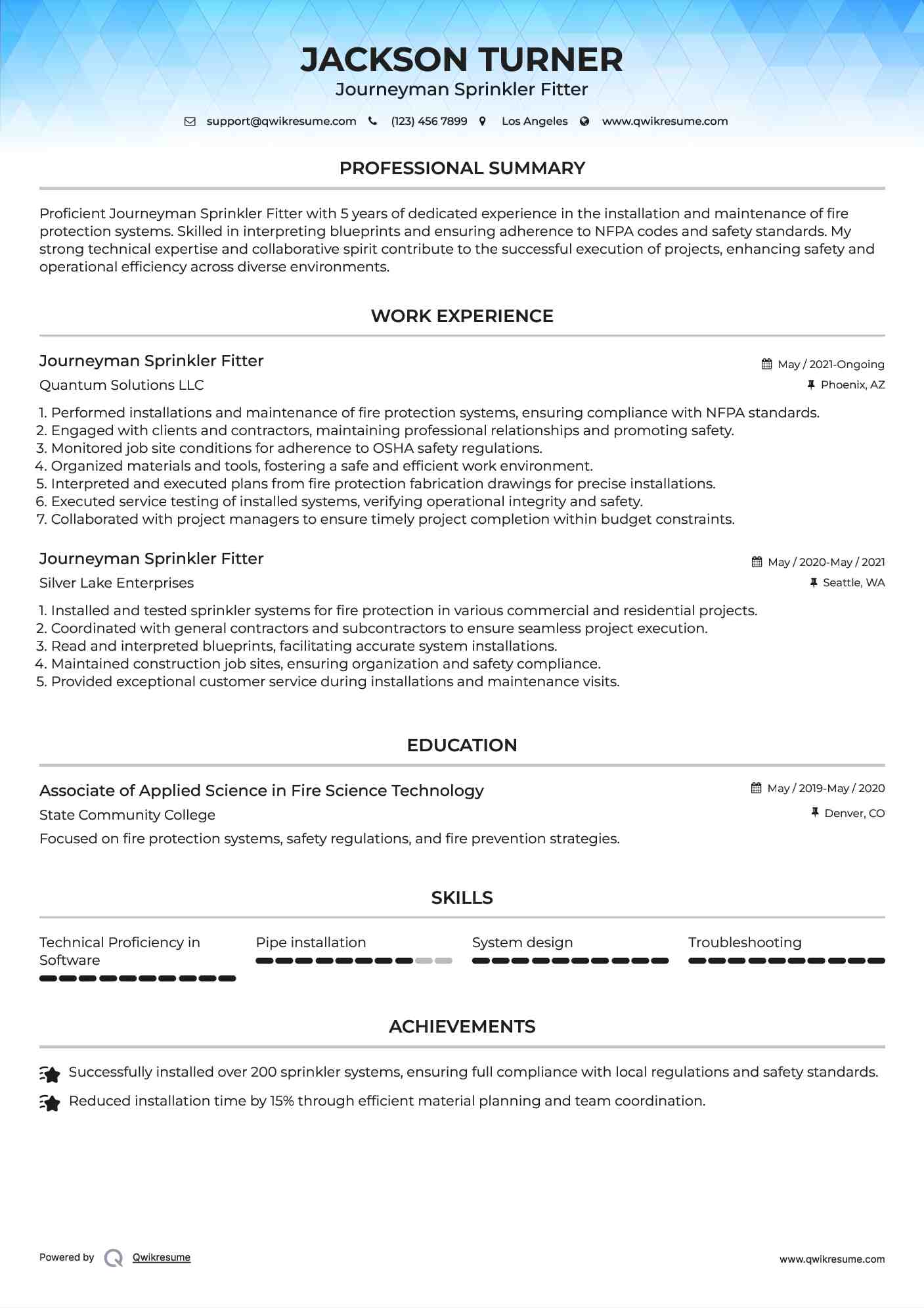 Journeyman Sprinkler Fitter Resume Sample