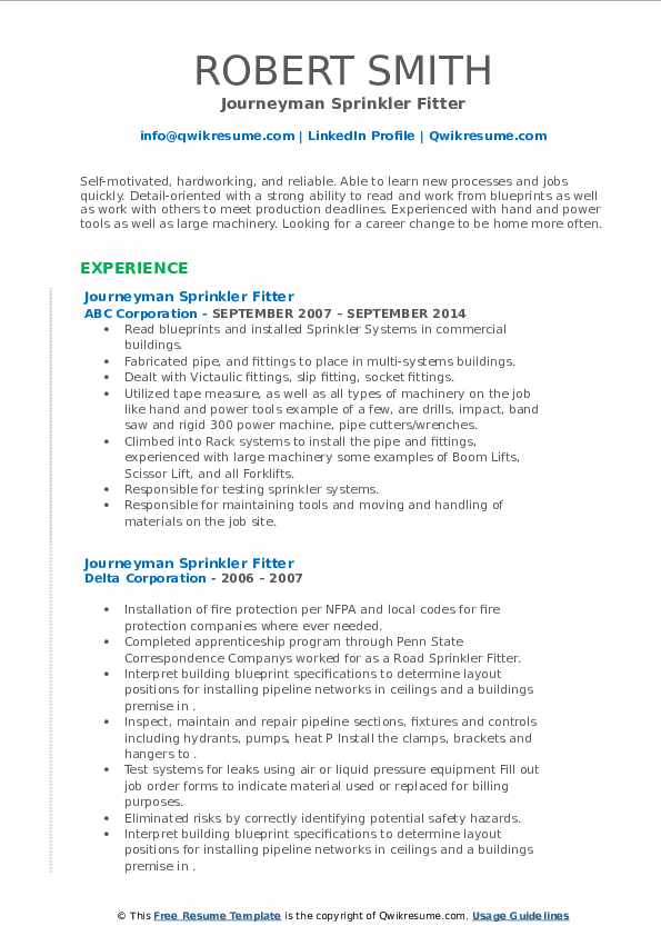 Journeyman Sprinkler Fitter Resume Samples QwikResume