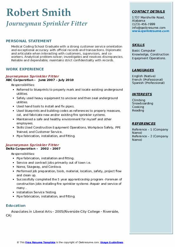 Journeyman Sprinkler Fitter Resume Samples QwikResume