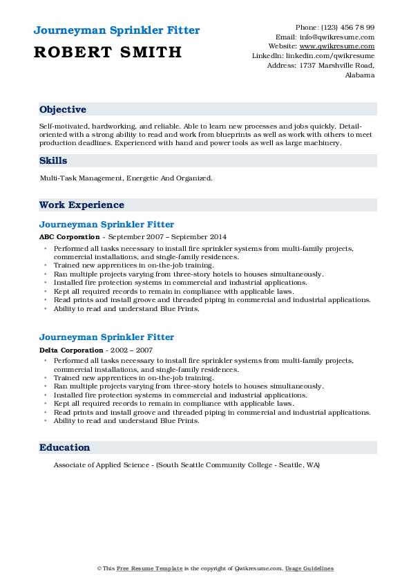 Journeyman Sprinkler Fitter Resume Samples QwikResume