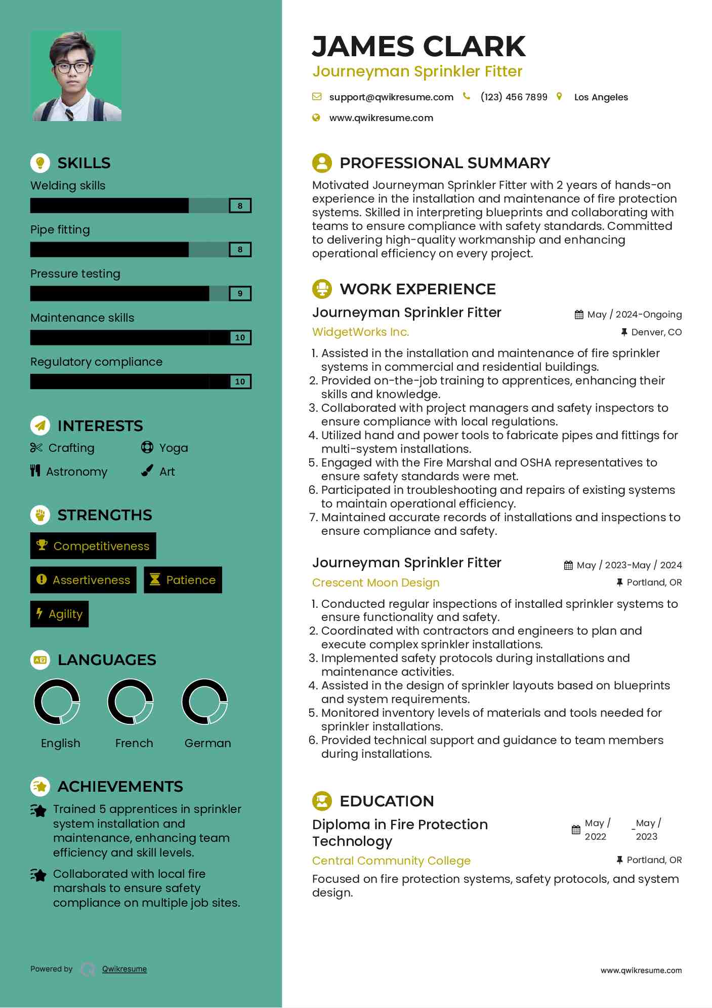 Journeyman Sprinkler Fitter Resume Format