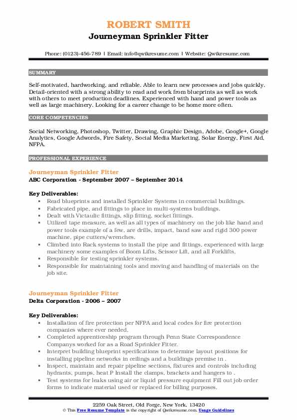Journeyman Sprinkler Fitter Resume Samples QwikResume