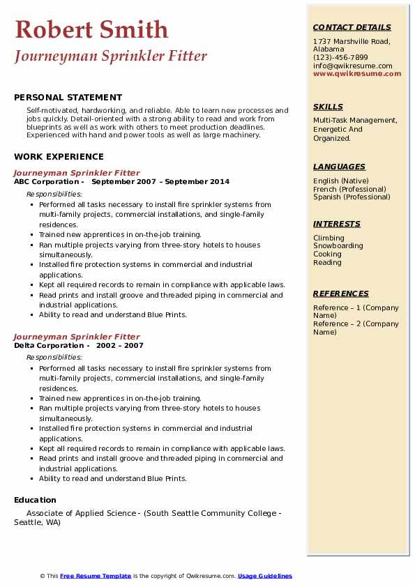 Journeyman Sprinkler Fitter Resume Samples QwikResume