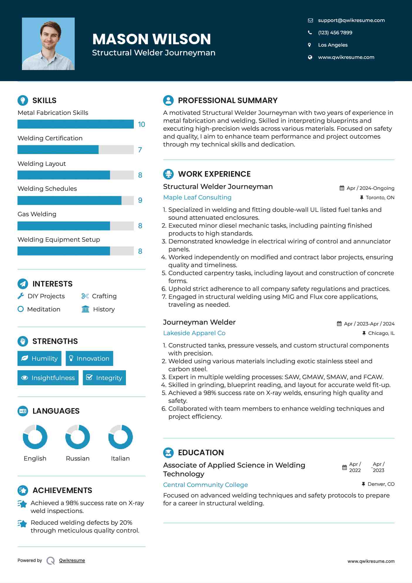 Structural Welder Journeyman Resume Model