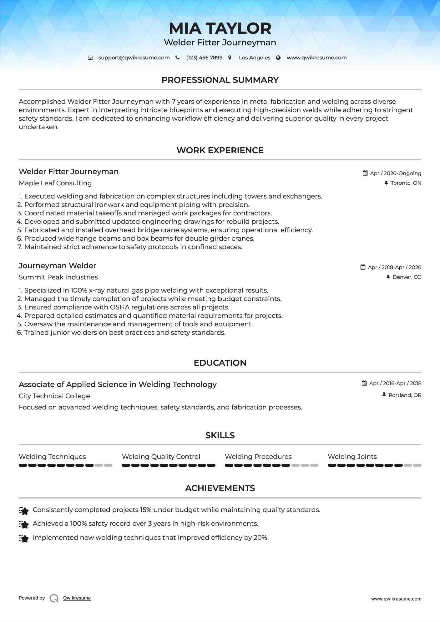 Welder Fitter Journeyman Resume Template