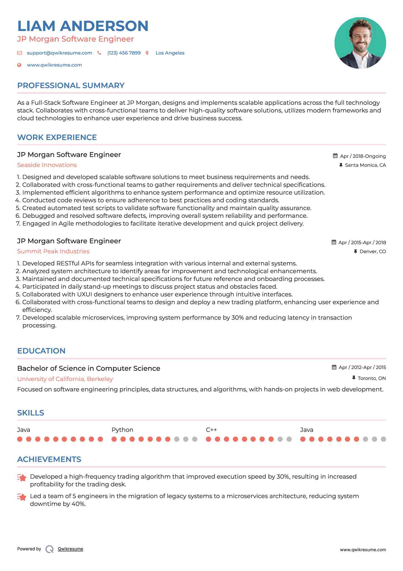 JP Morgan Software Engineer Resume Format