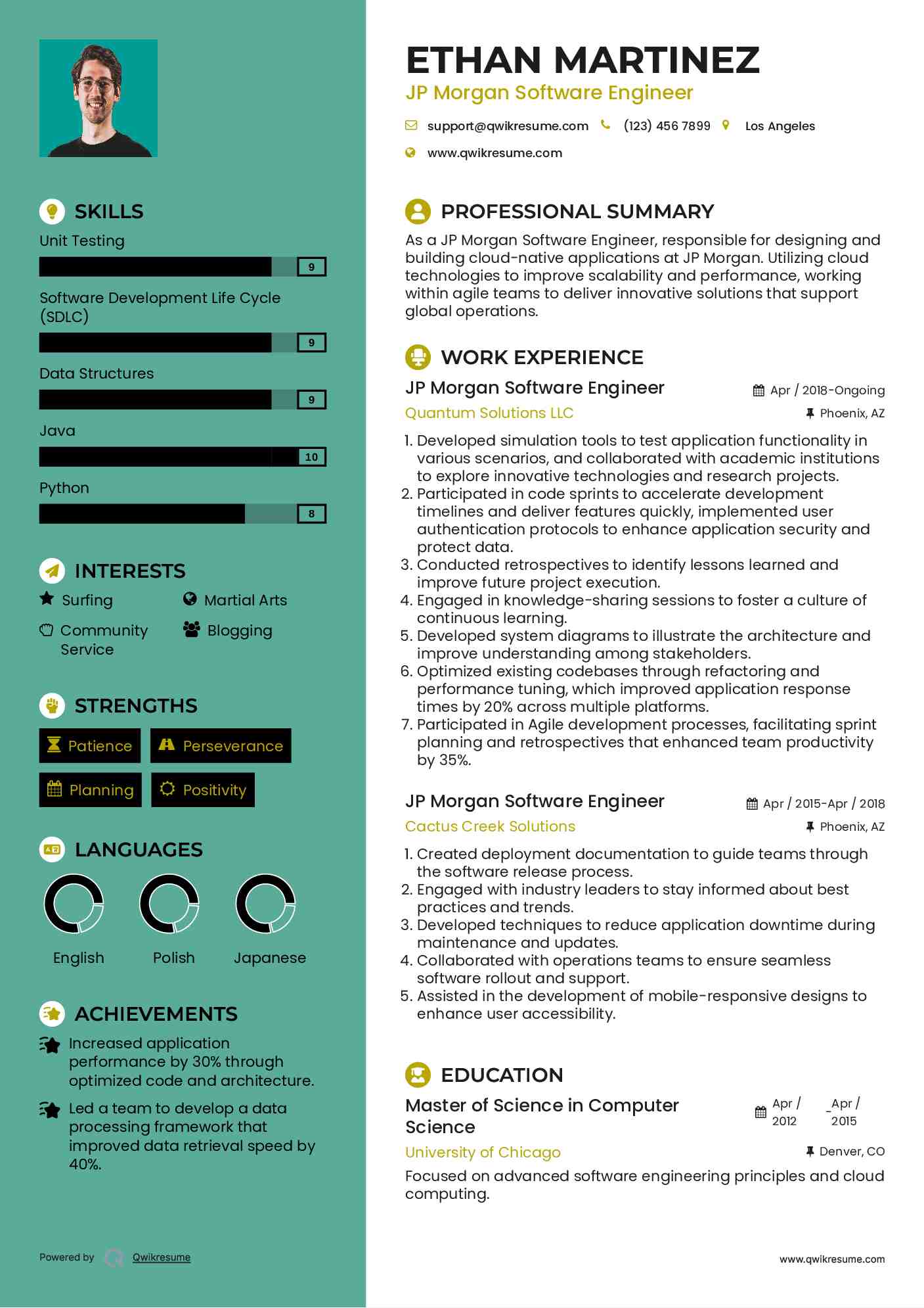JP Morgan Software Engineer Resume Sample