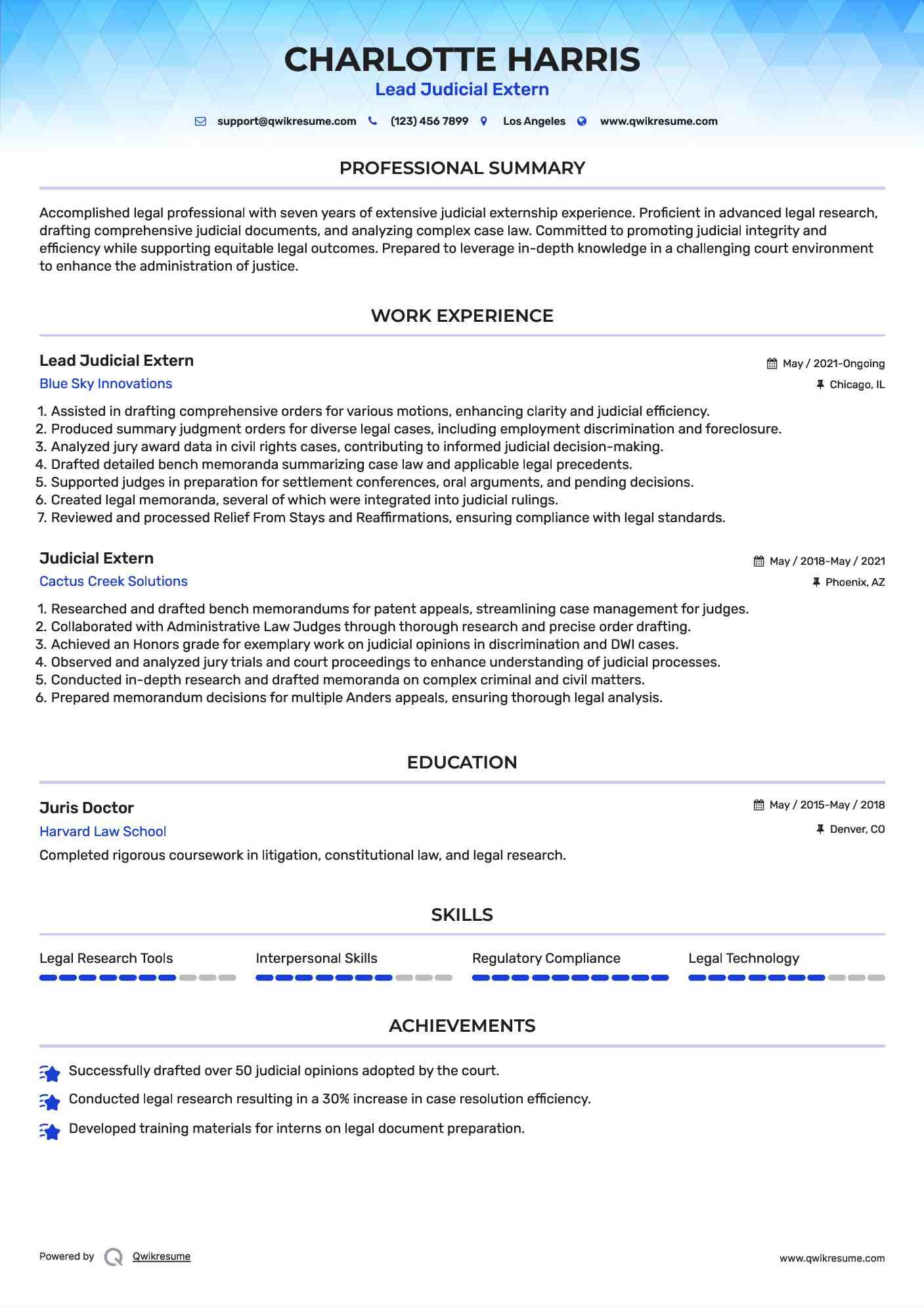 Lead Judicial Extern Resume Example
