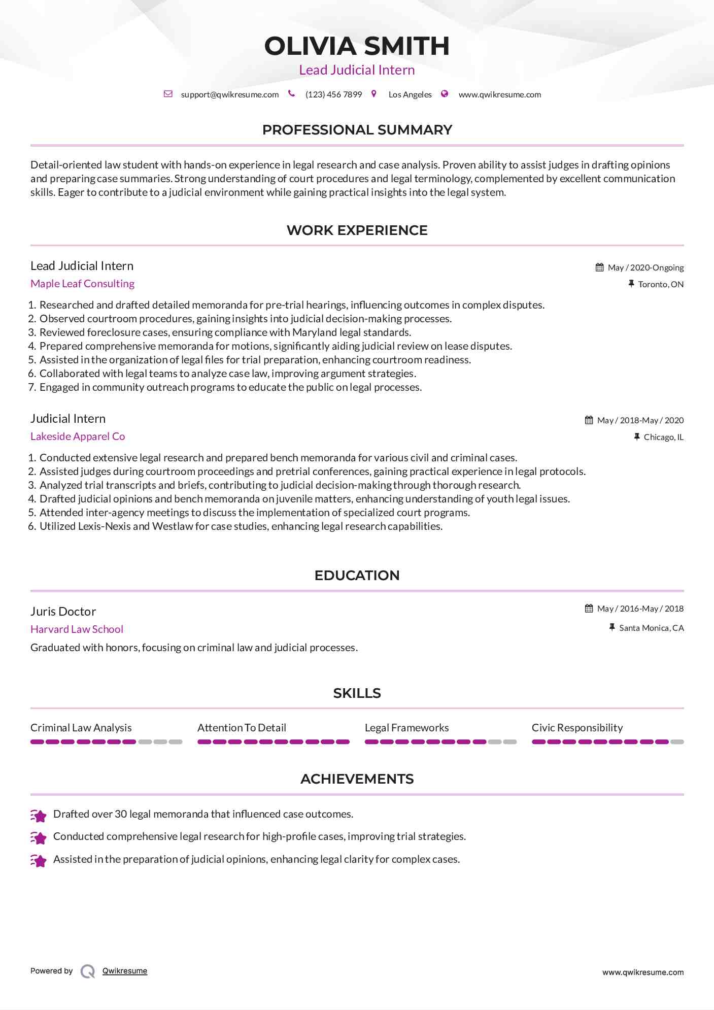 Lead Judicial Intern Resume Model