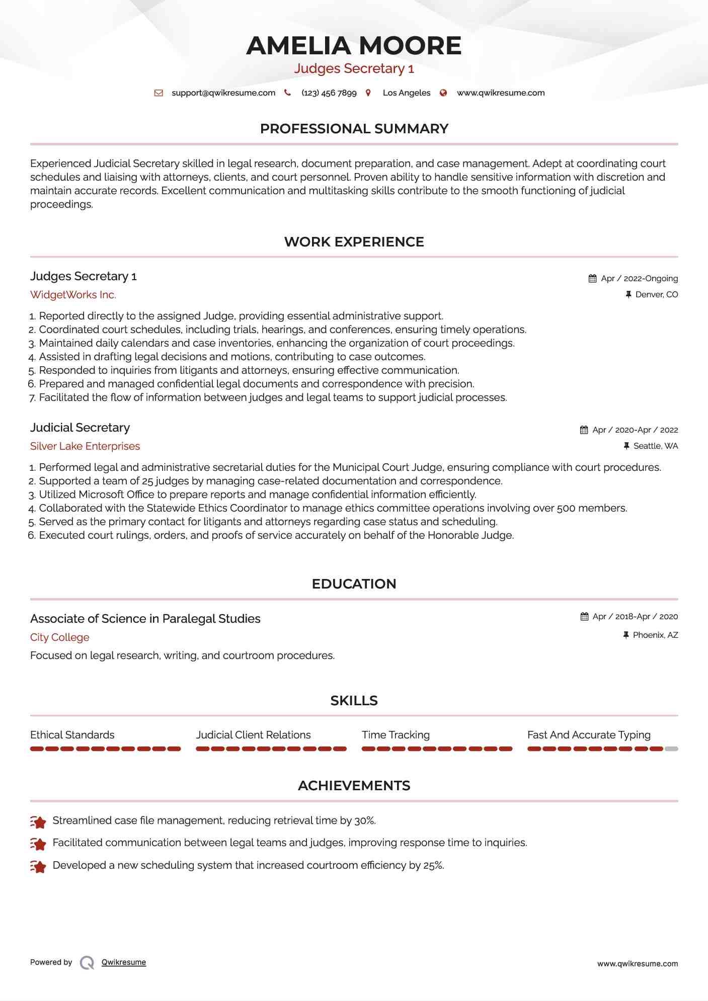 Judges Secretary 1
 Resume Sample