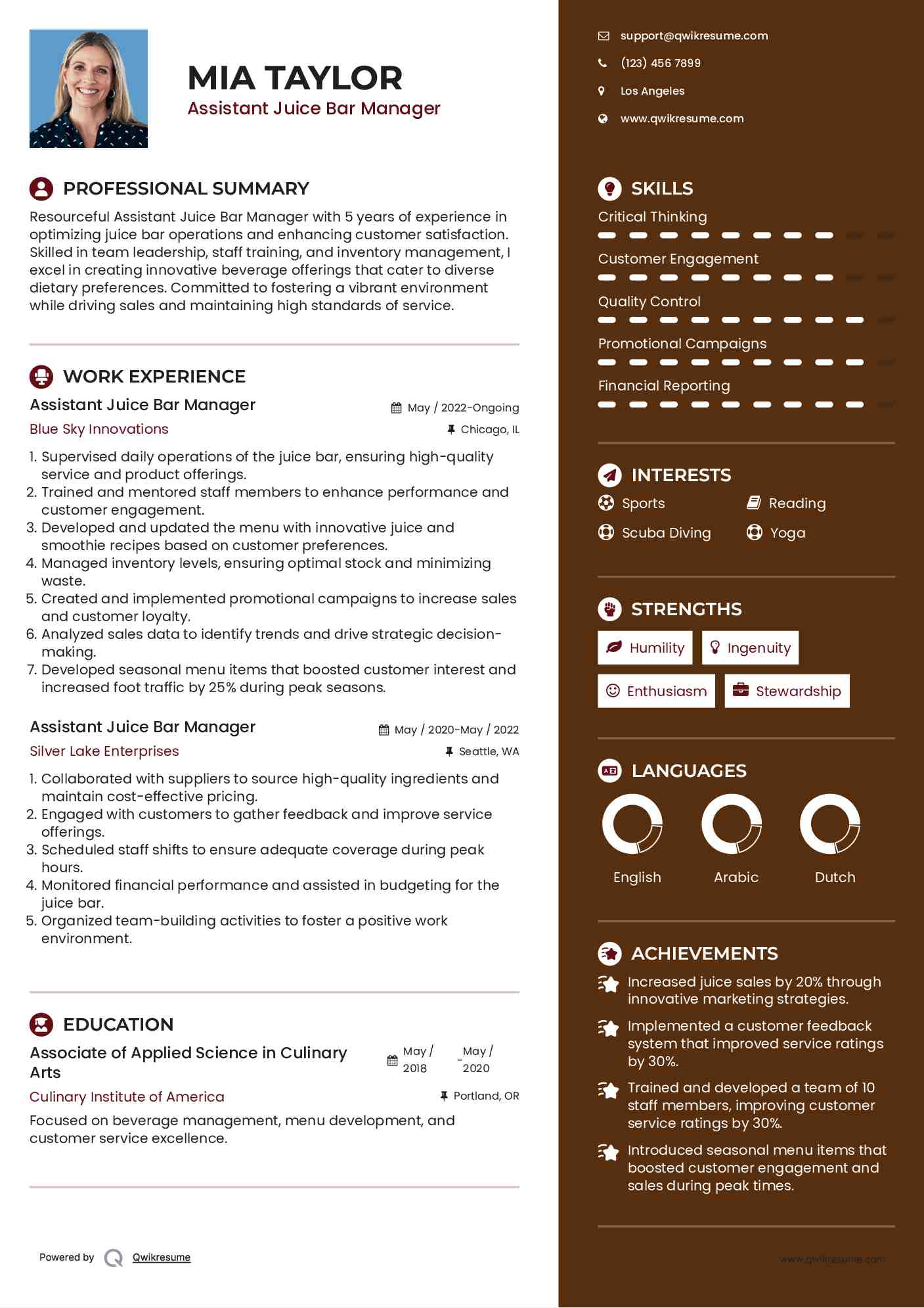 Assistant Juice Bar Manager Resume Sample