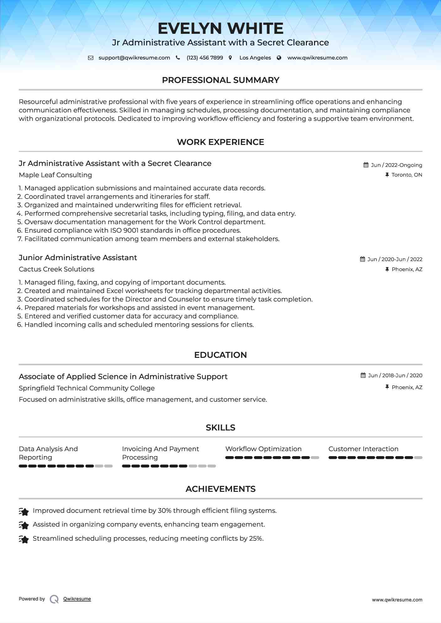 Jr Administrative Assistant with a Secret Clearance Resume Format