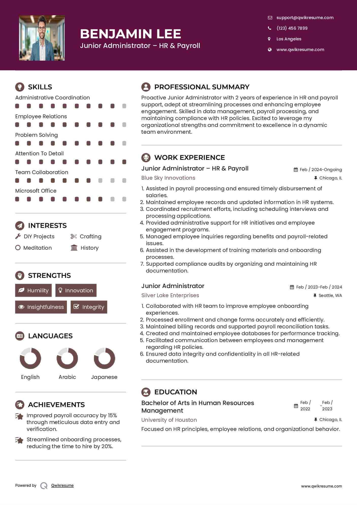 Junior Administrator – HR & Payroll Resume Example