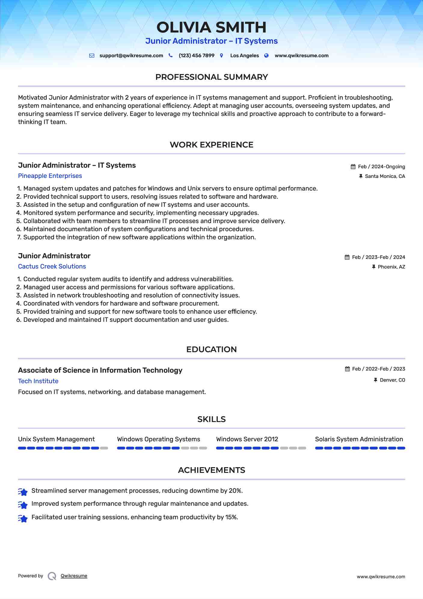 Junior Administrator – IT Systems Resume Template