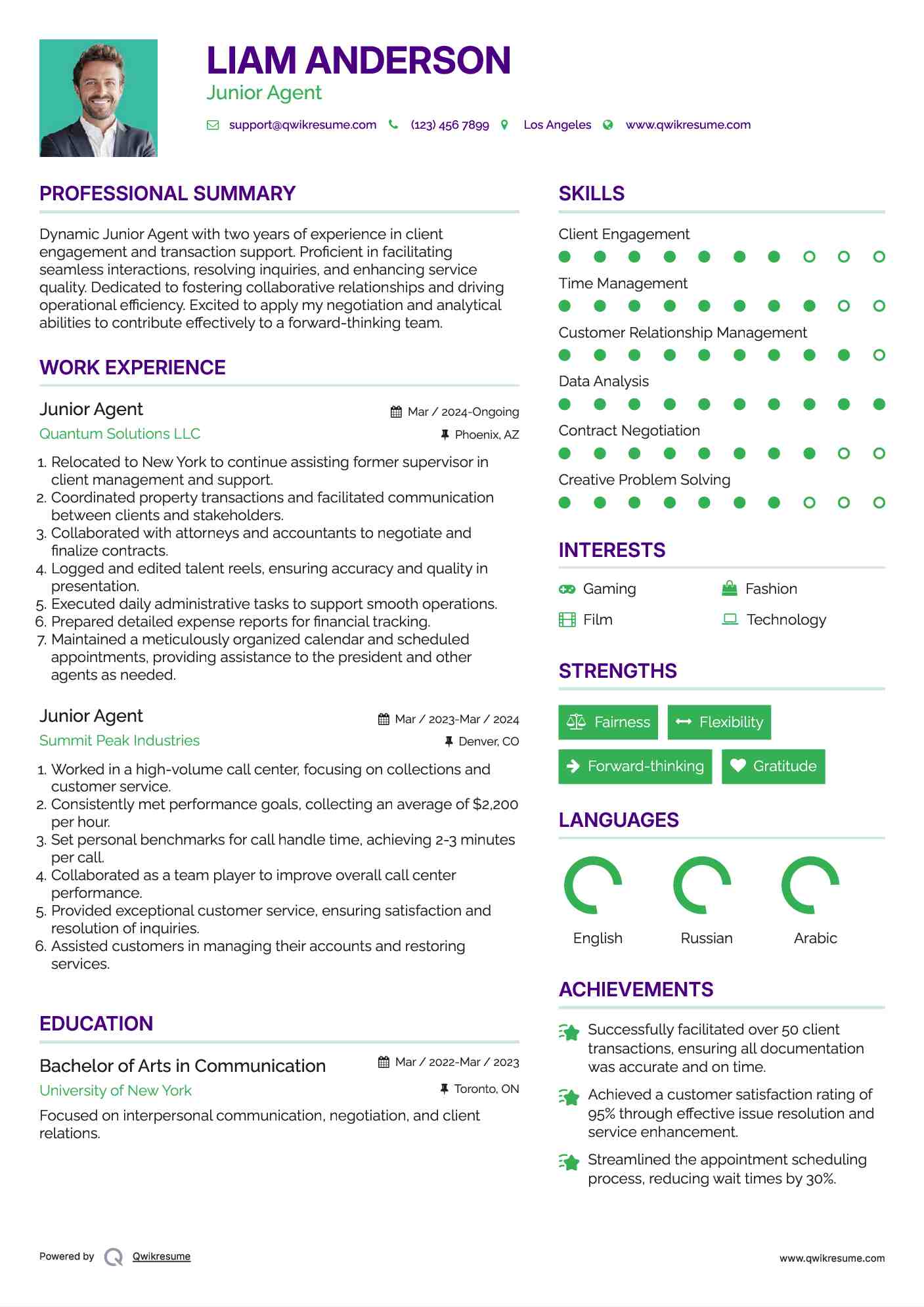 Junior Agent Resume Sample