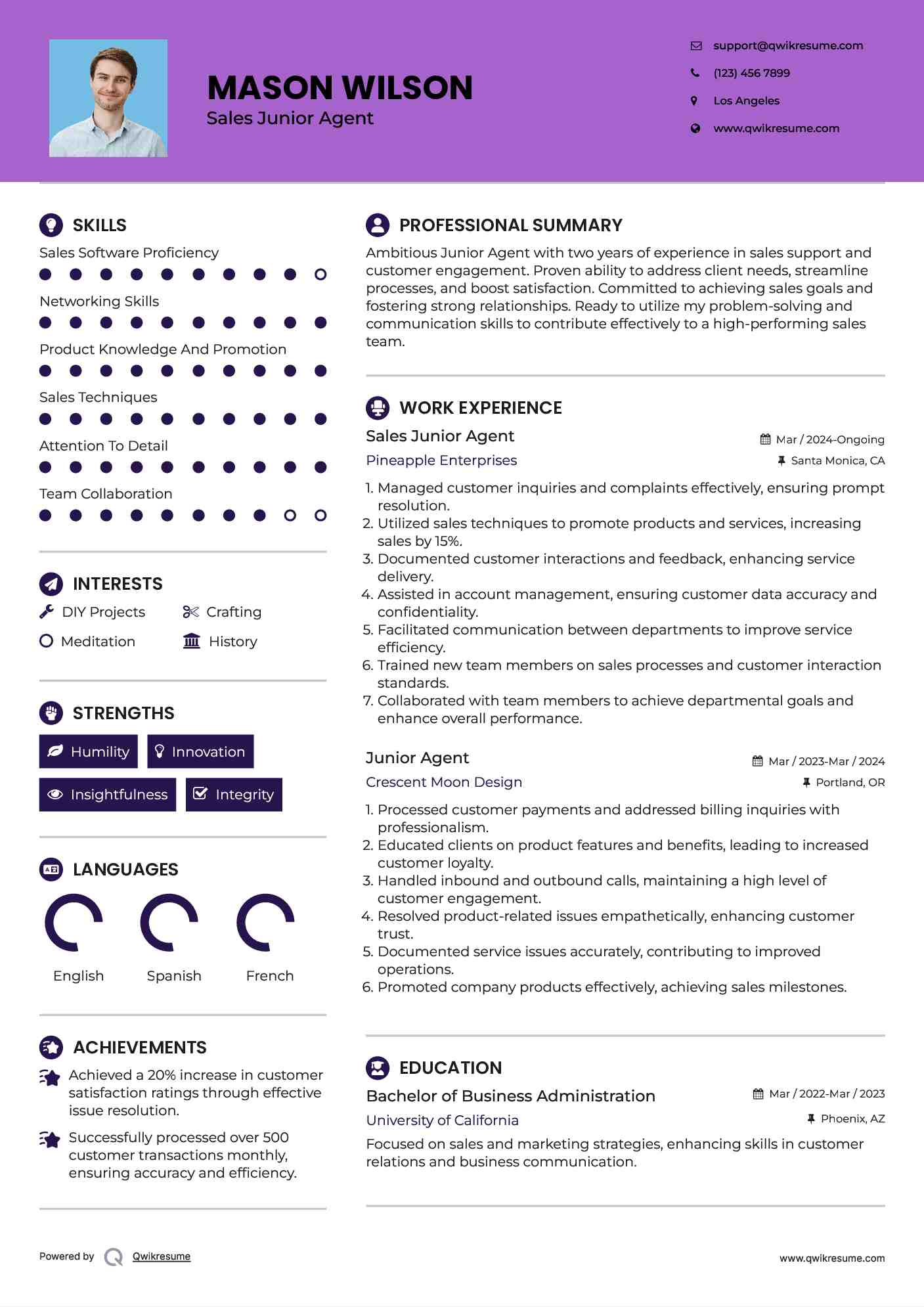 Sales Junior Agent Resume Template