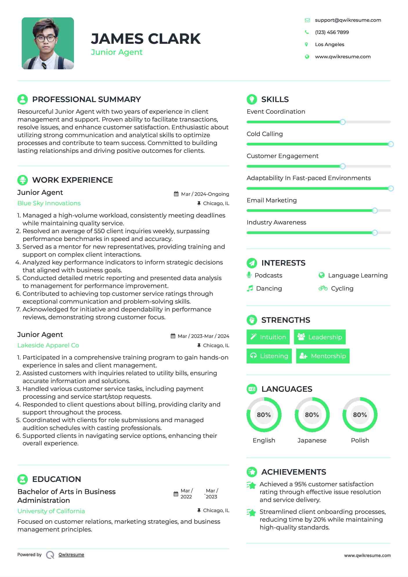 Junior Agent Resume Model
