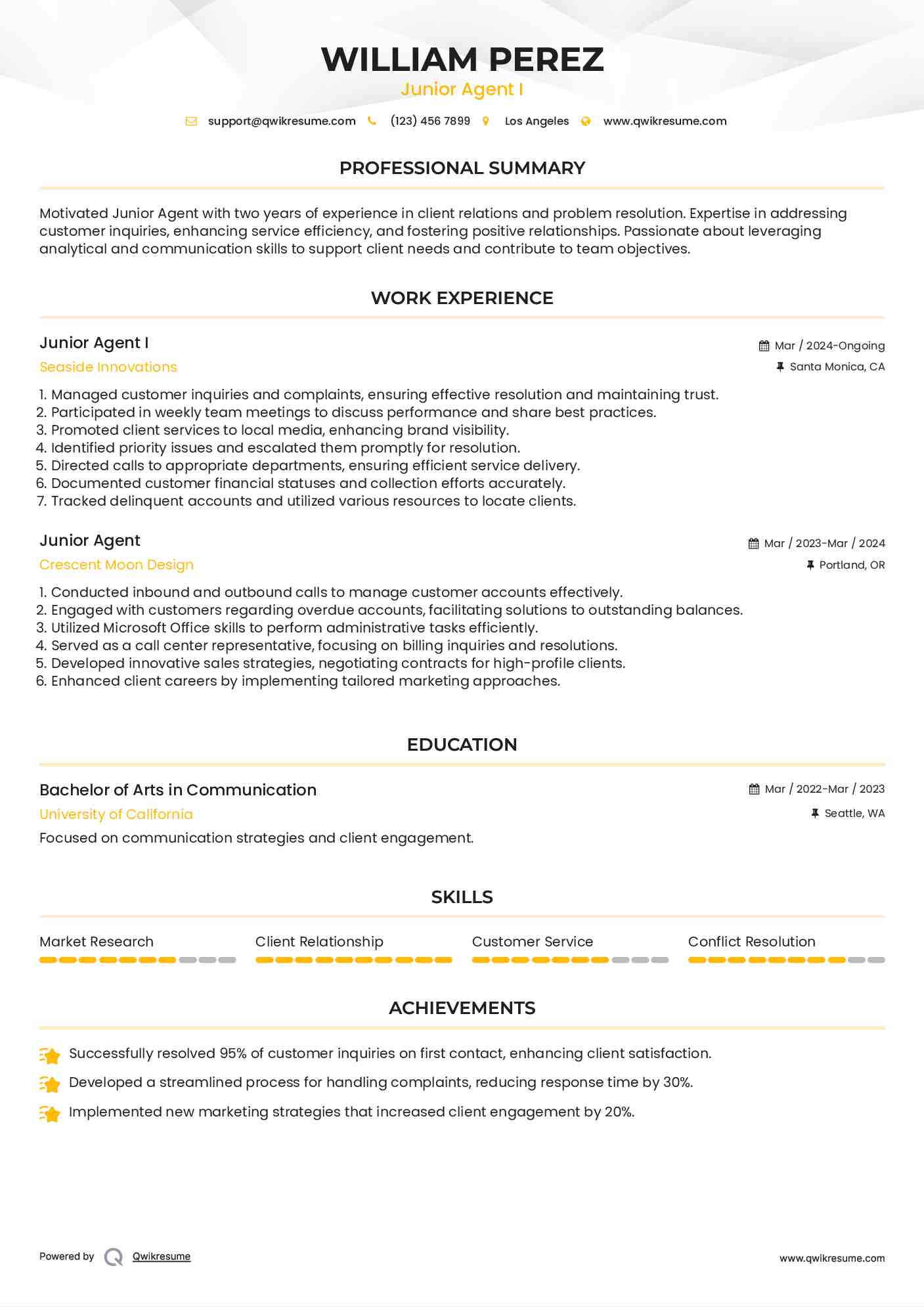 Junior Agent I Resume Format