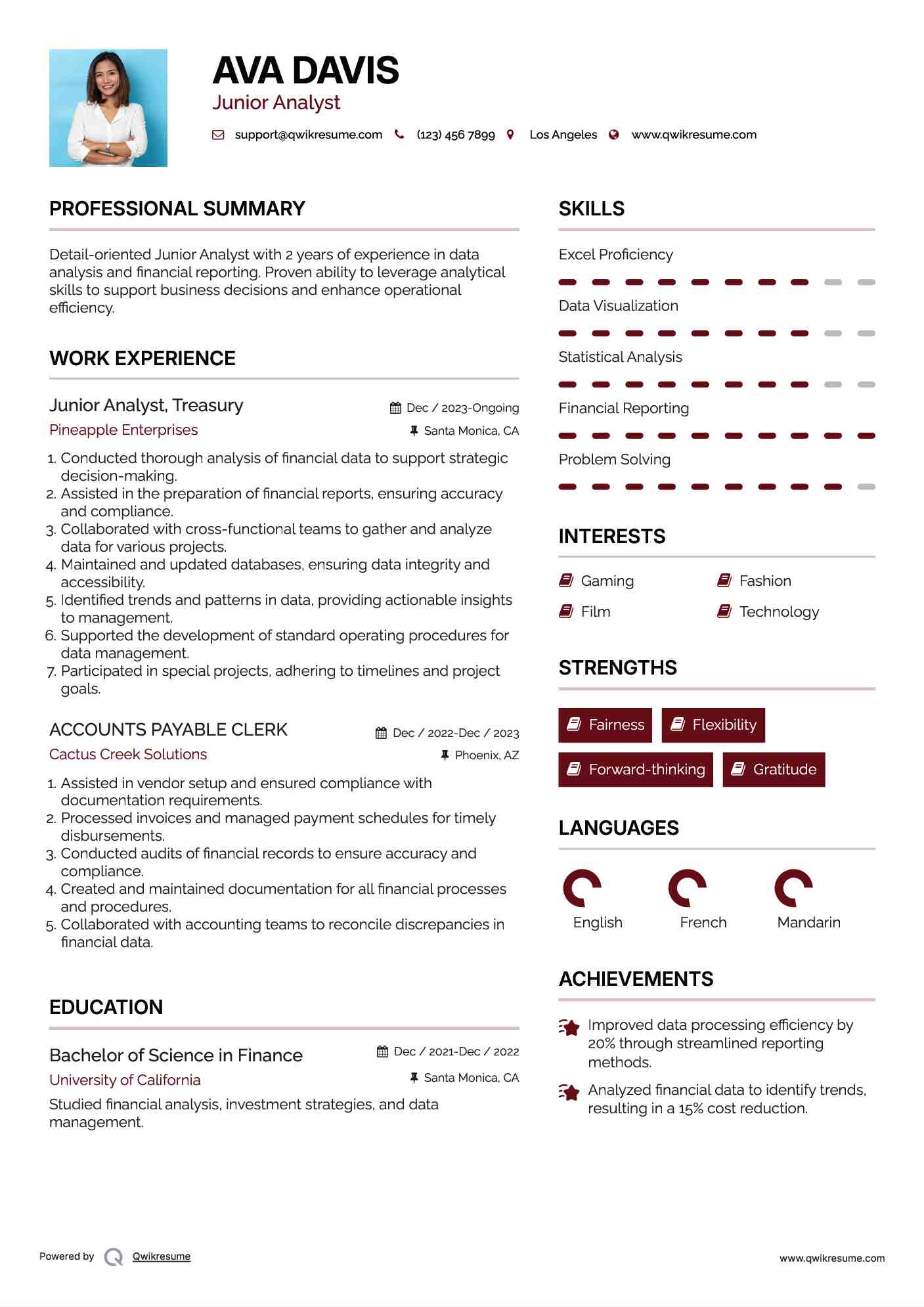 Junior Analyst, Treasury Resume Template
