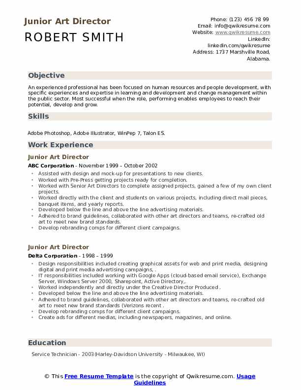 Junior Art Director Resume Samples QwikResume