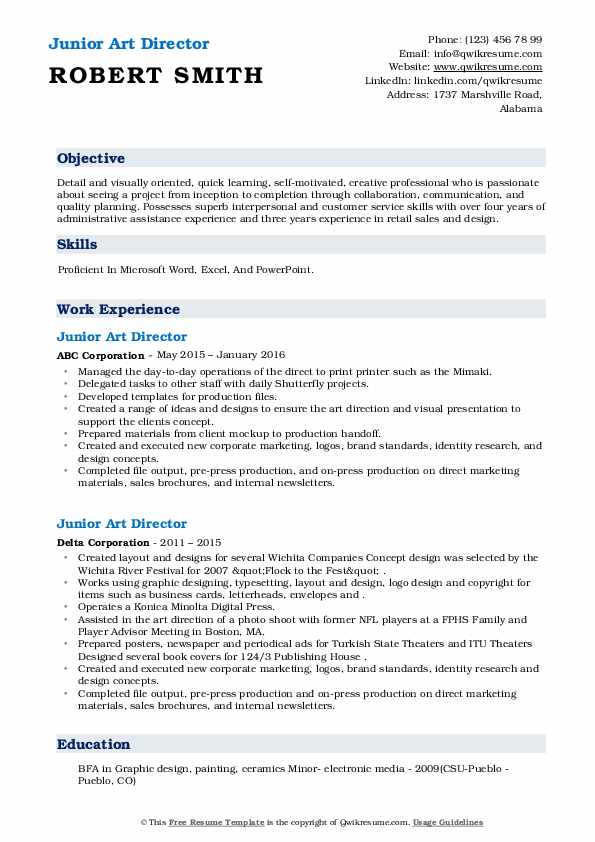 Junior Art Director Resume Samples QwikResume