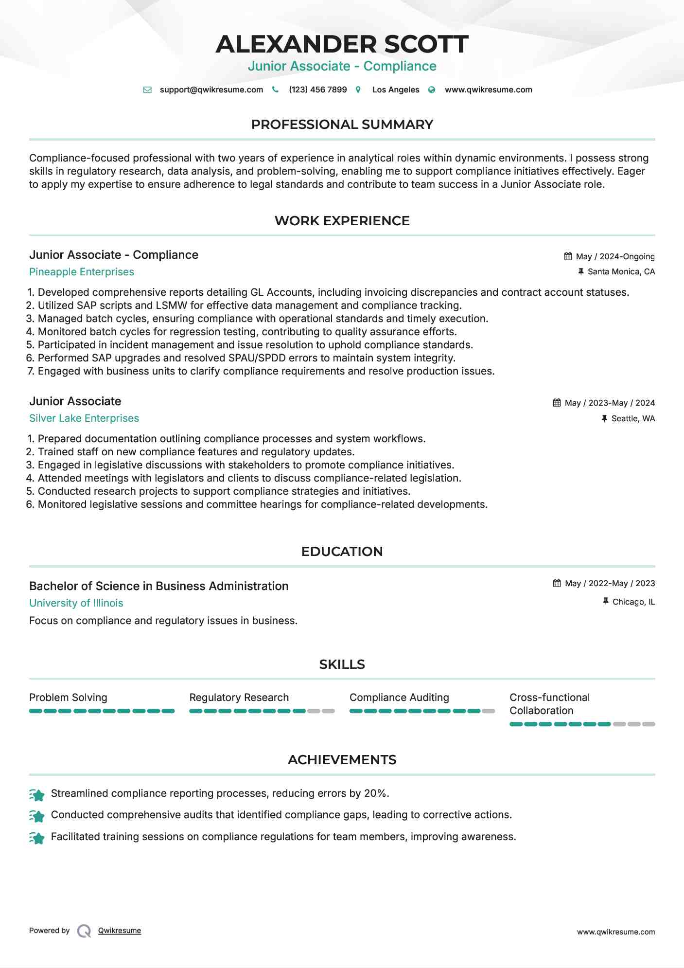 Junior Associate - Compliance Resume Template