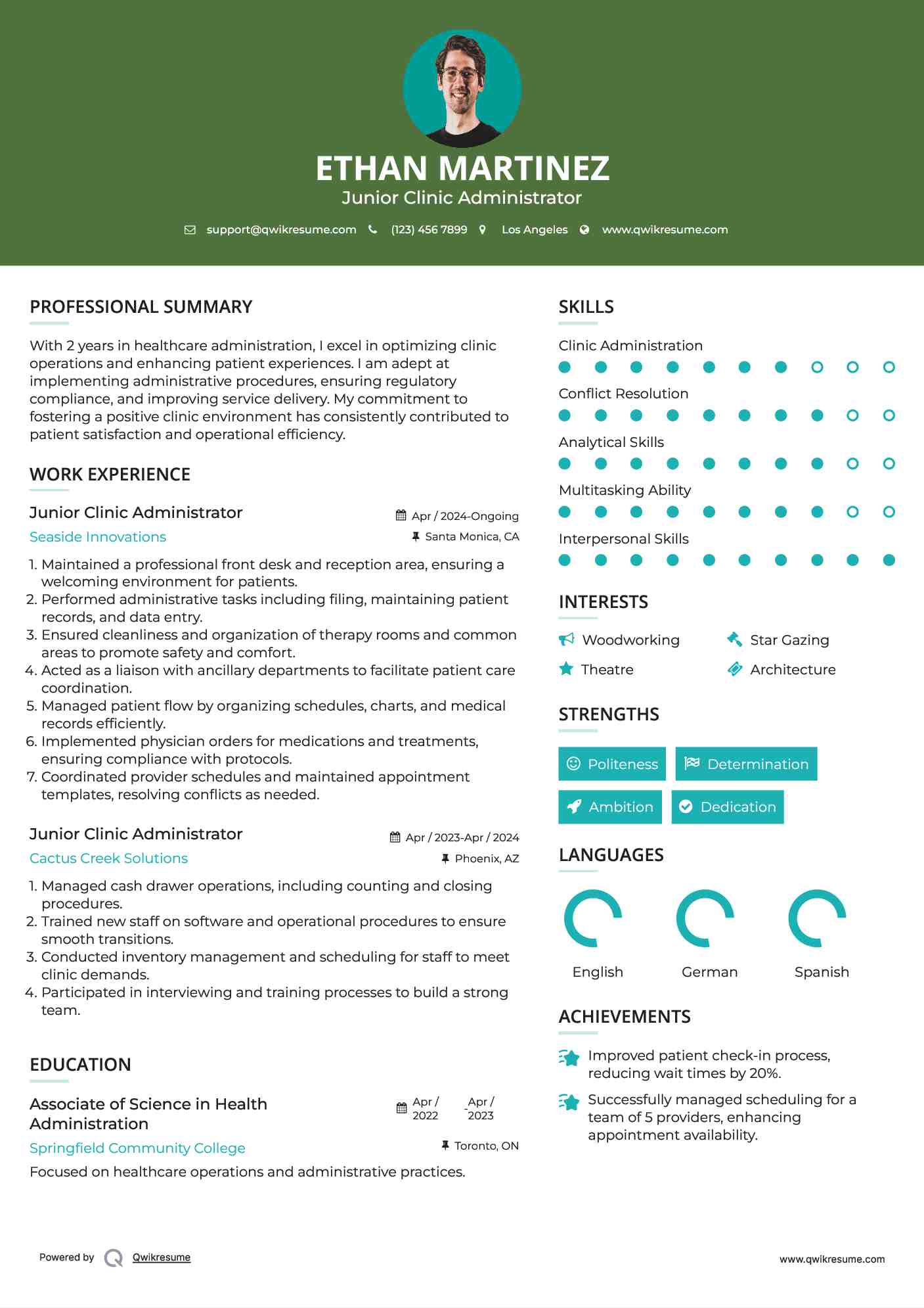 Junior Clinic Administrator Resume Sample