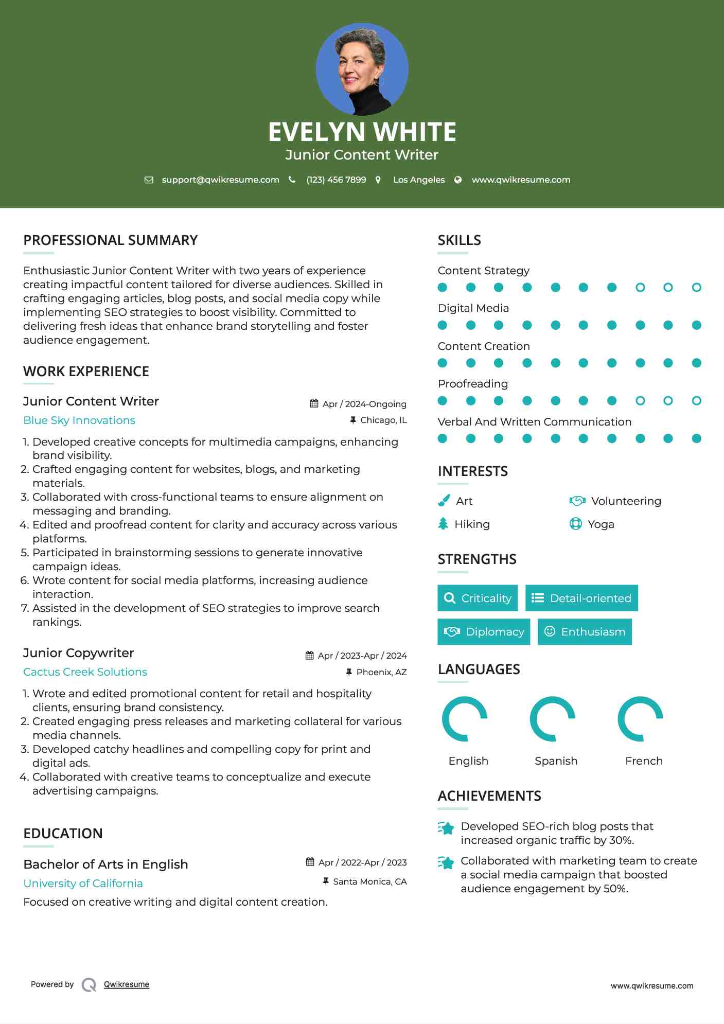 Junior Content Writer Resume Example