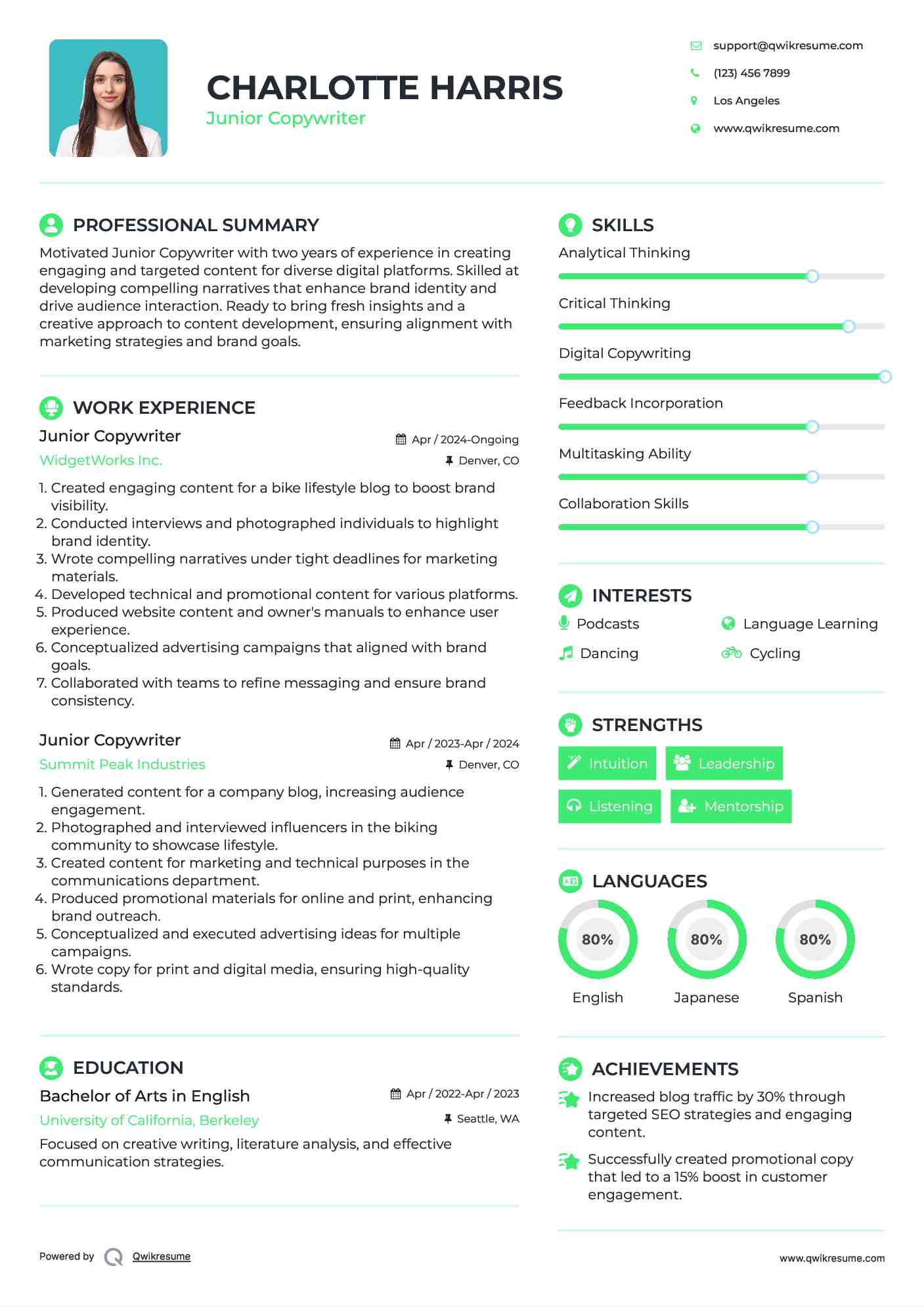 Junior Copywriter Resume Example