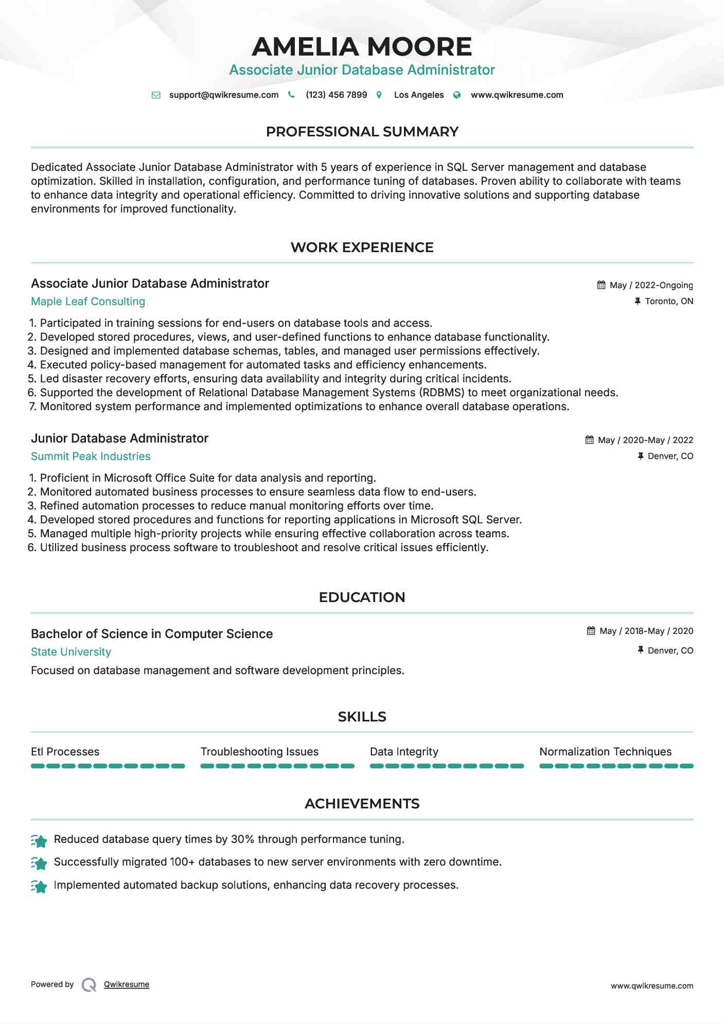 Associate Junior Database Administrator
 Resume Example