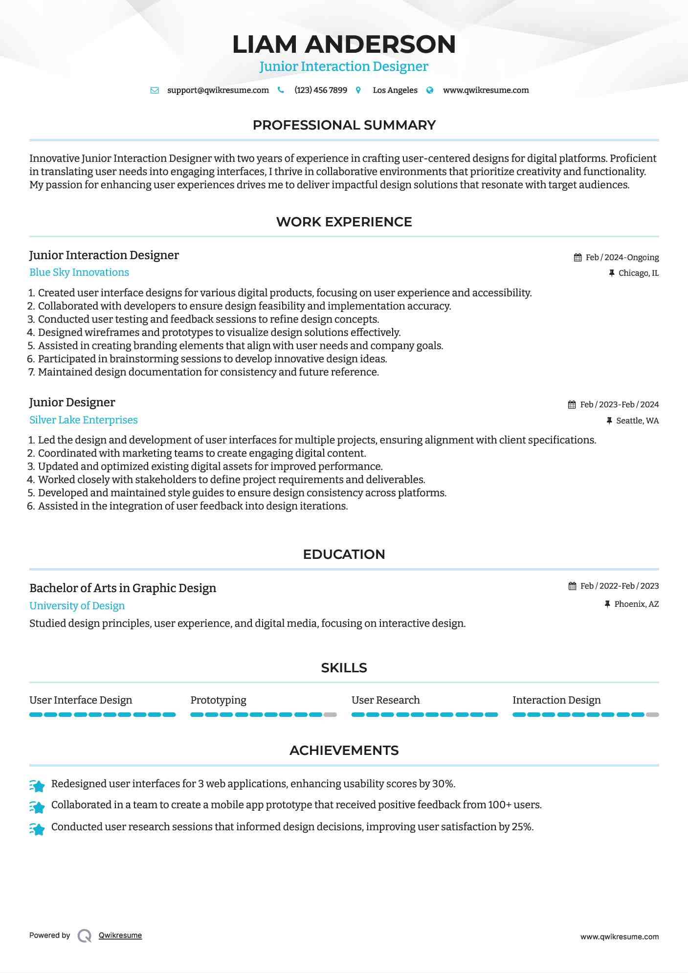 Junior Interaction Designer Resume Example