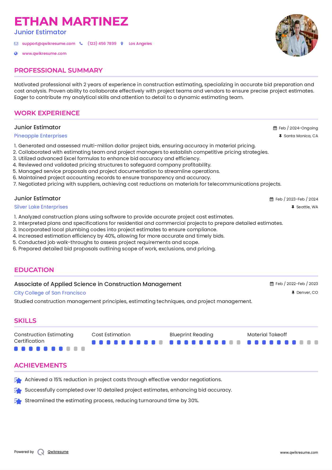 Junior Estimator Resume Example