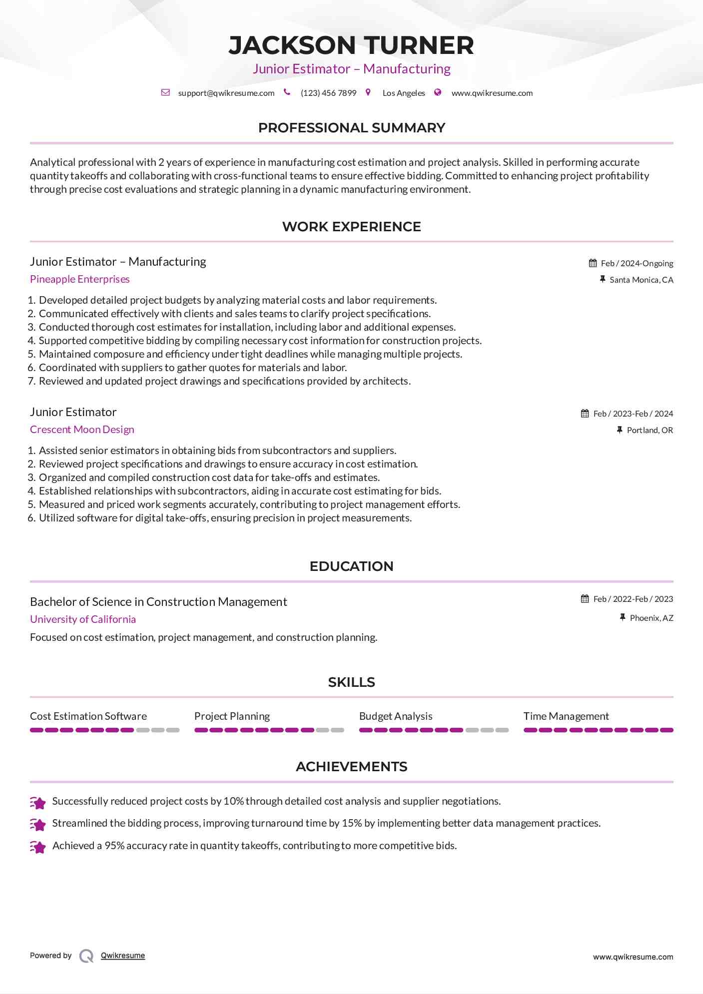 Junior Estimator – Manufacturing Resume Format