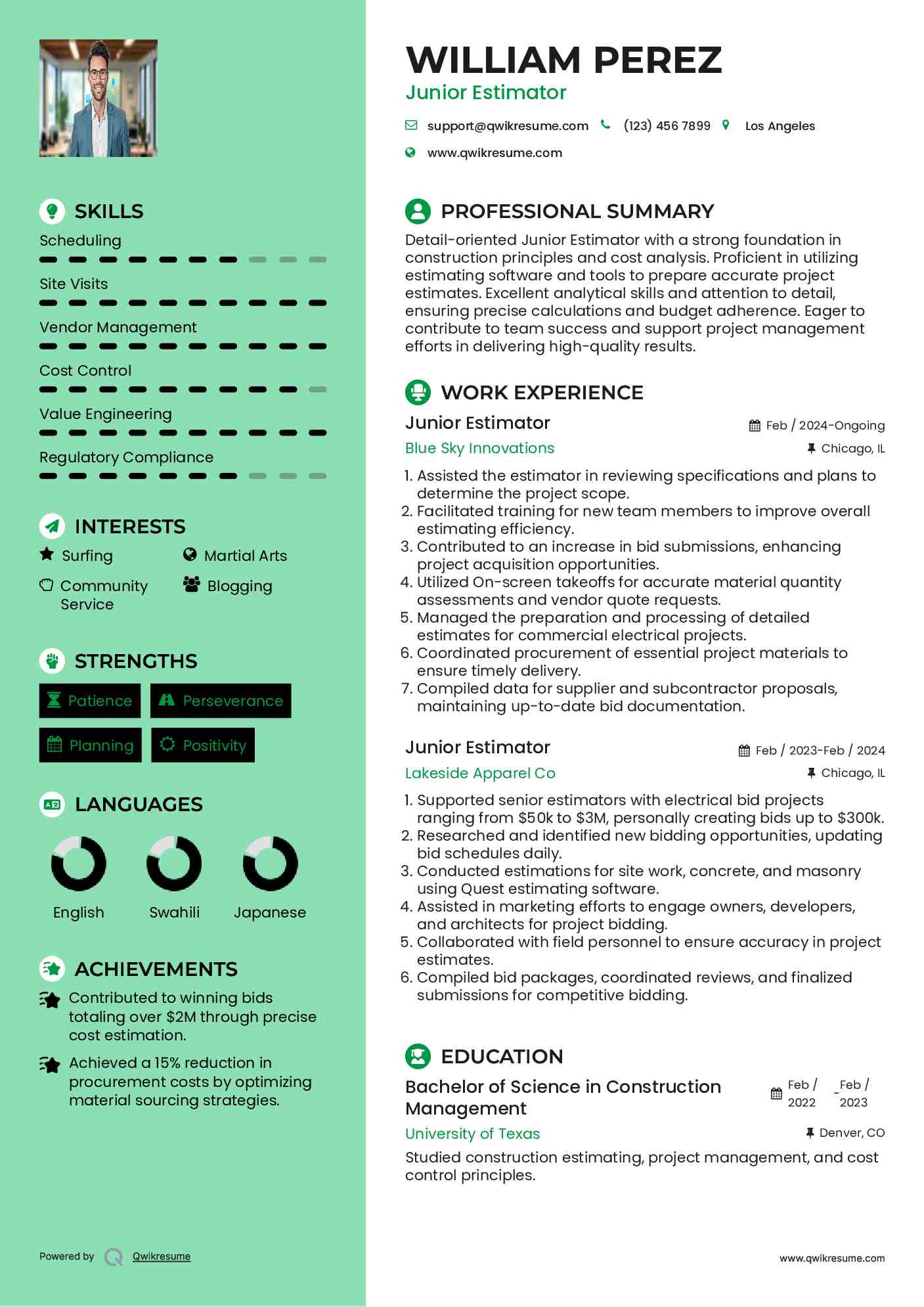 Junior Estimator Resume Example
