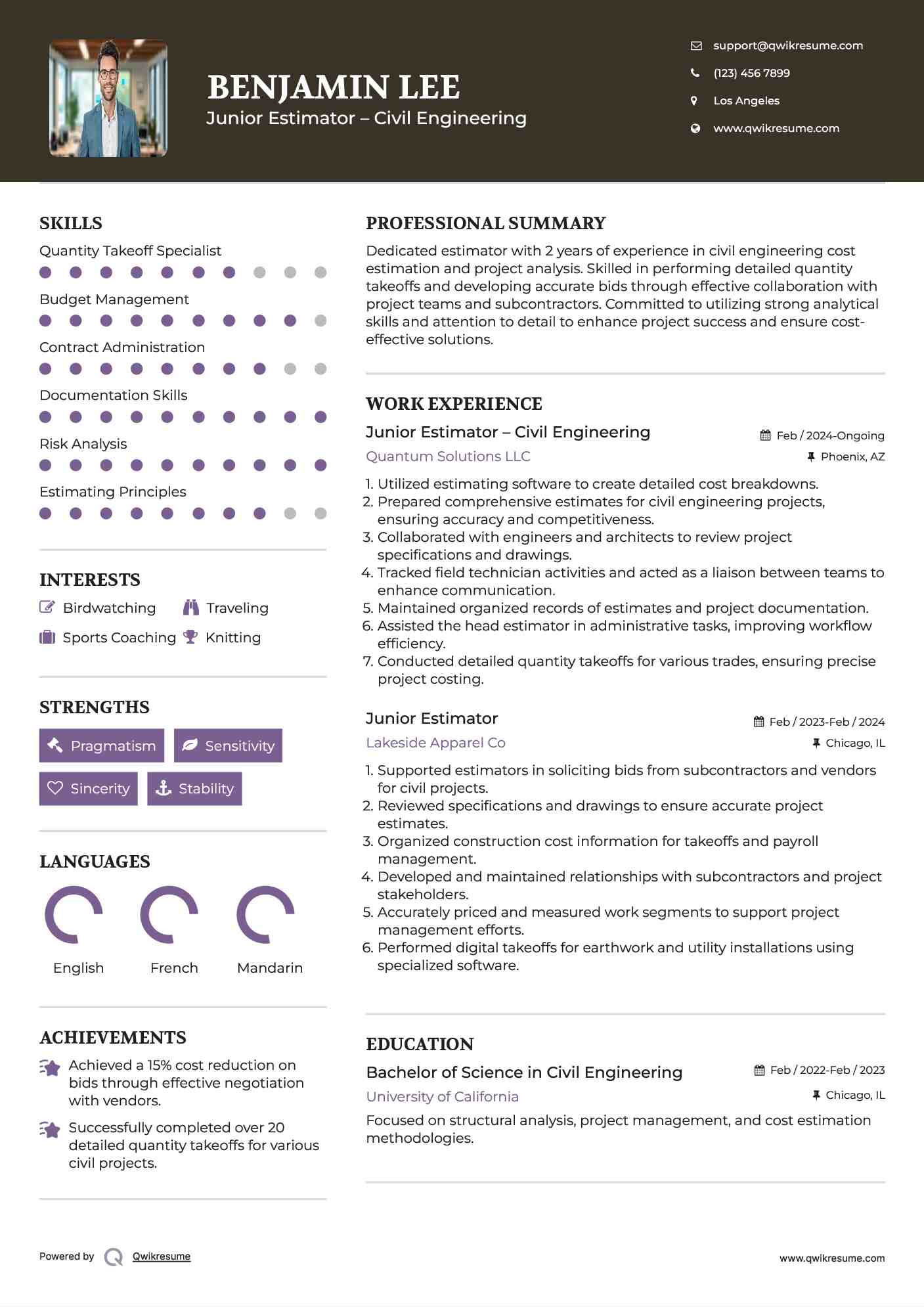 Junior Estimator – Civil Engineering Resume Template
