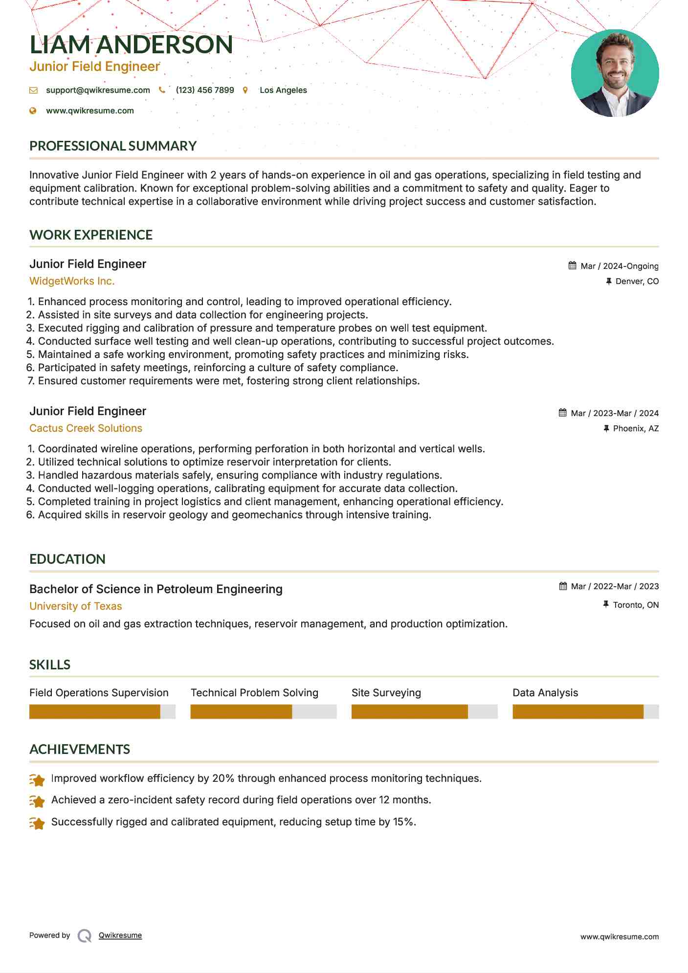 Junior Field Engineer Resume Example