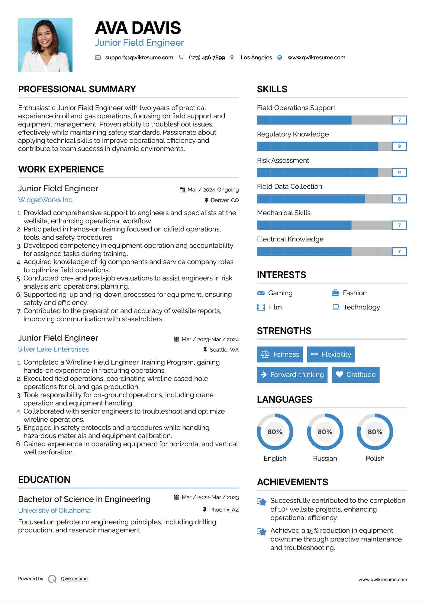 Junior Field Engineer Resume Example