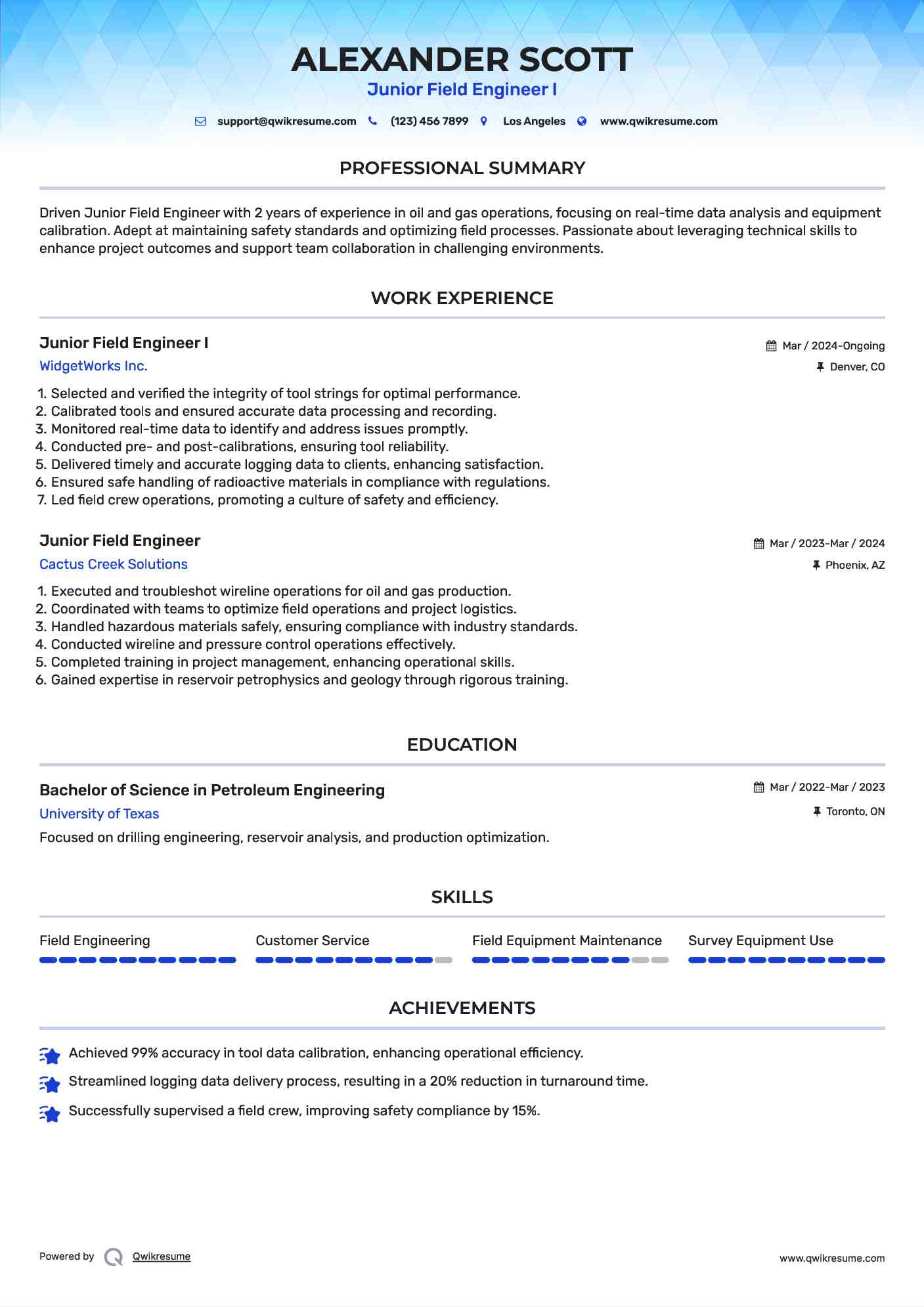 Junior Field Engineer I Resume Format
