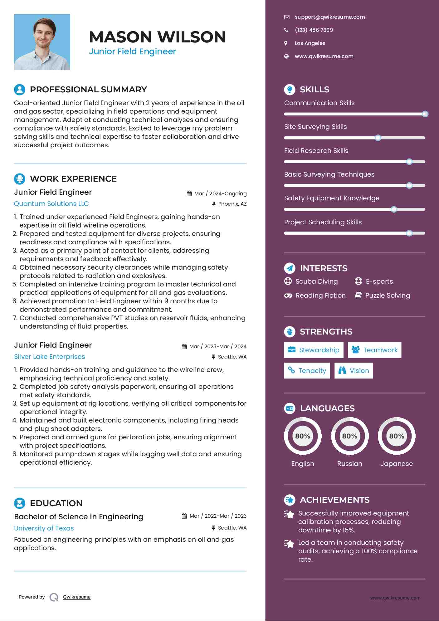 Junior Field Engineer Resume Example