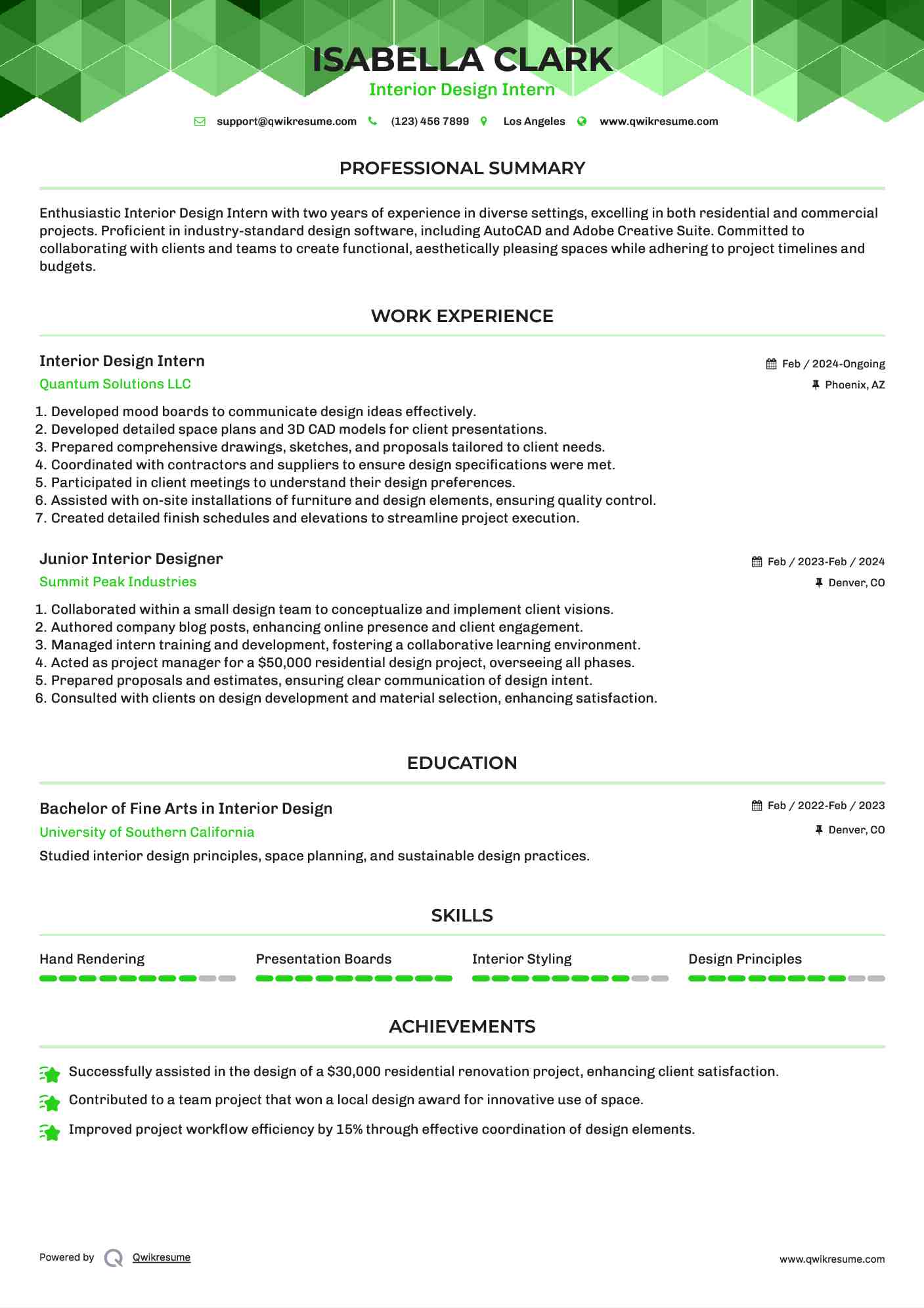 Interior Design Intern Resume Model