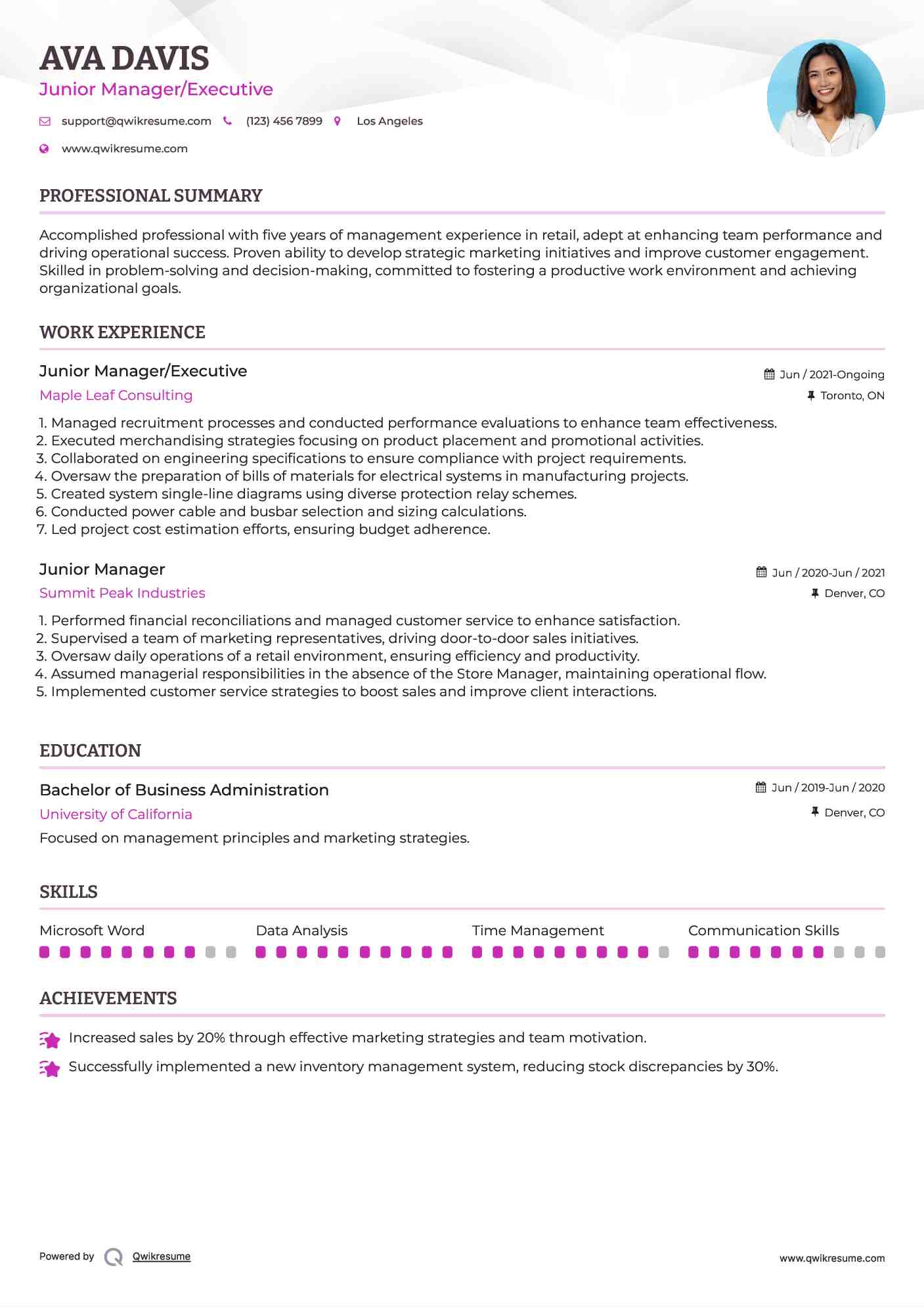 Junior Manager/Executive Resume Example