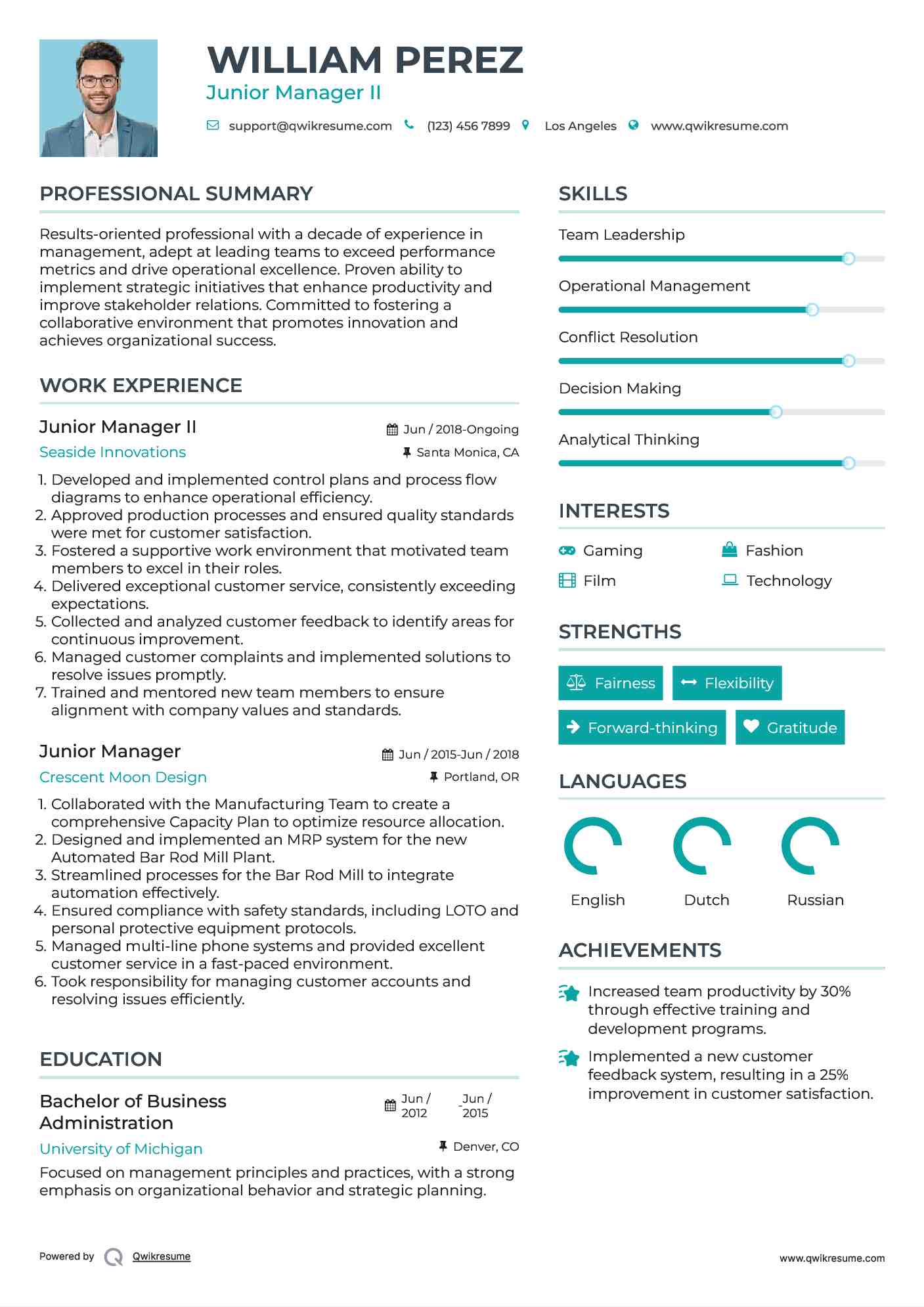Junior Manager II Resume Template