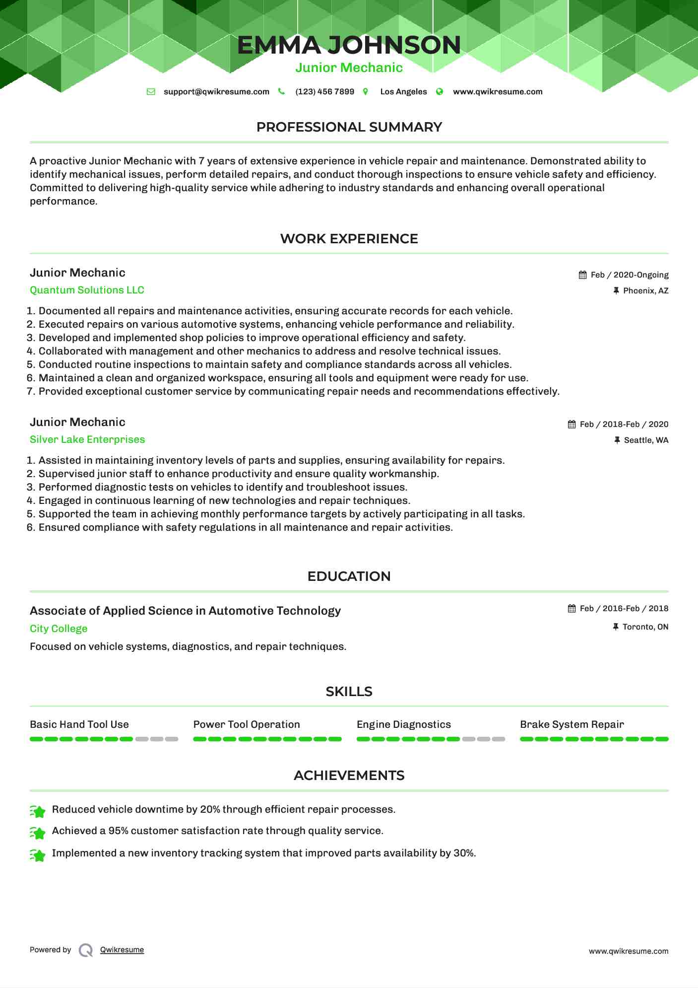 Junior Mechanic Resume Example